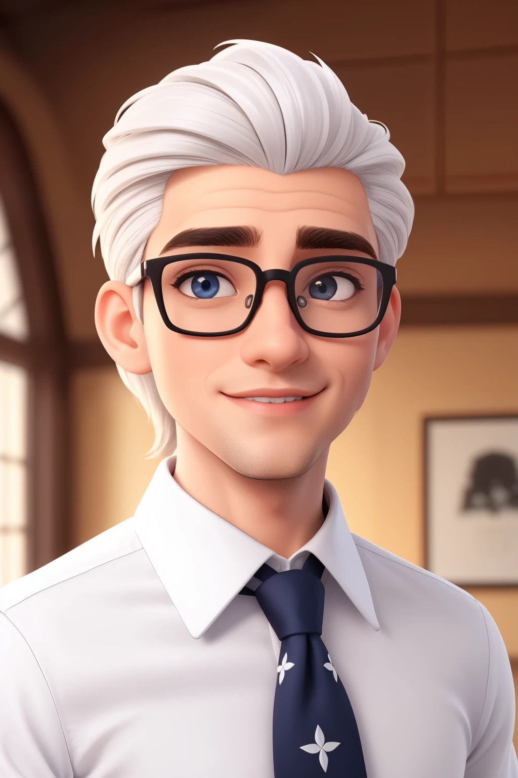 Um homem de 30 anos, com cabelo castanho curto,cara de diamante, olhar estrito, e olhos castanhos, wearing white white shirt with tie and glasses.
