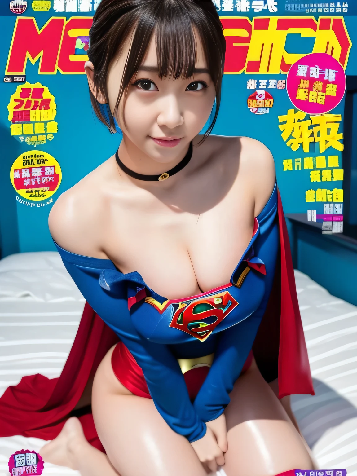 masterpiece、supergirl costume、short hair、barefoot、big and full breasts、public health center、After masturbating on the bed、sexy pose、model body shape、shiny、looking at camera、Seduce、choker、long sleeve、red mini skirt、Weekly magazine cover、gravure magazine、sweaty、Exciting、