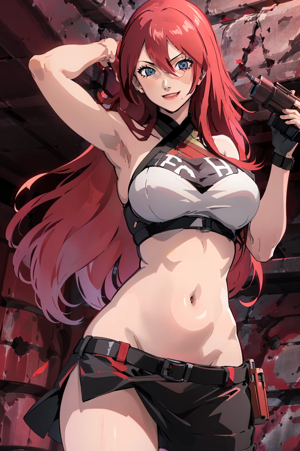 FUKA, forehead, red hair, masterpiece, best quality, highly detailed, a girls with a gun, open mouth, blazer, sexy gaze, (nsfw) not
safe for work, badass pose , evil smile, smile, black bra, anime girl with long hair, long haired girl,
navel, evil expression, exposed belly, exposed navel, exposed midriff, exposed lower belly, micro
miniskirt, micro pencil skirt, pencil skirt ,holding a gun, outdoor,street,road