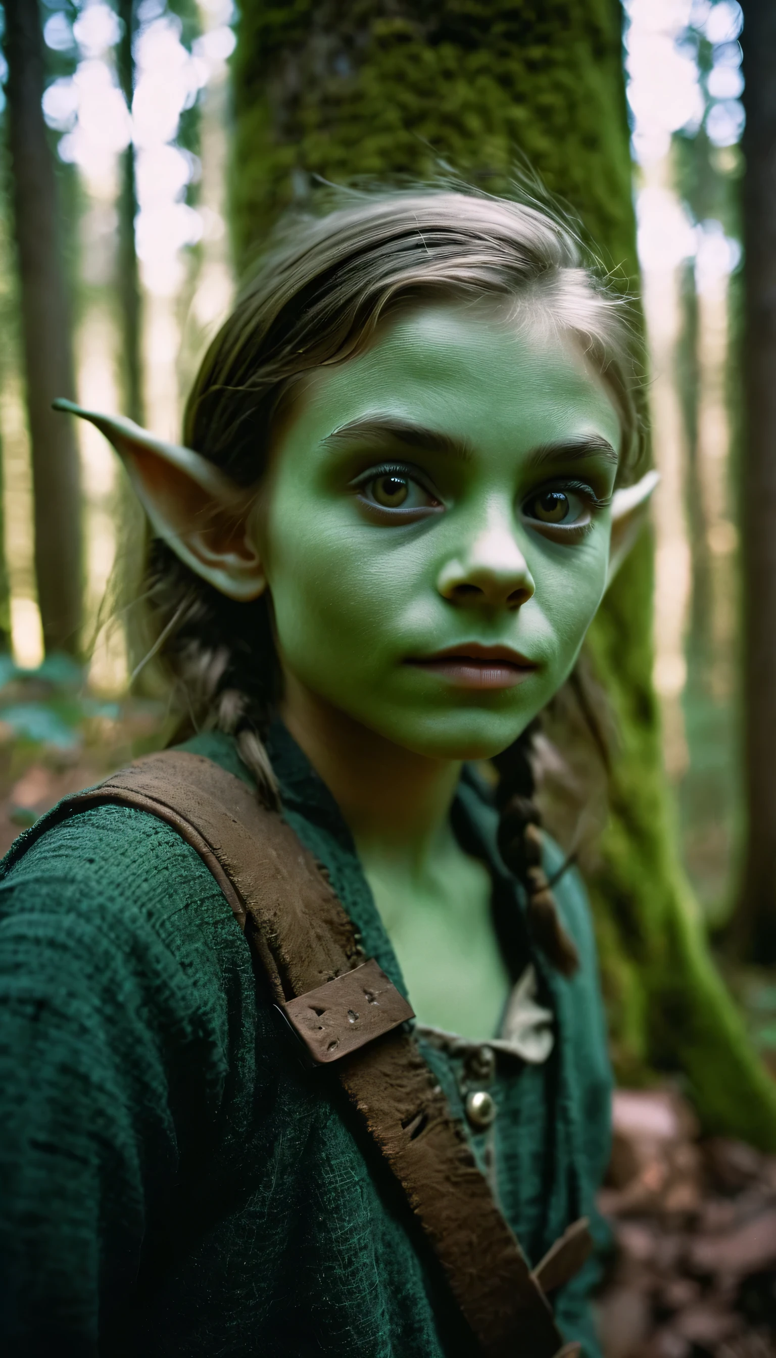 analog film photo, photo of young goblin rogue, female, -old, gresh skin, diminutive build, pointy ears, slitted pupils, pretty, natural beauty, mystical forest, RAW Photograph, dslr, soft lighting, high quality, film grain, Fujifilm XT3, detailed skin with visible pores, insane details, masterpiece, 8k, 35mm photograph, dslr, kodachrome, faded film, desaturated, 35mm photo, grainy, vintage, Kodachrome, Lomography, stained, highly detailed, found footage, close-up shot 