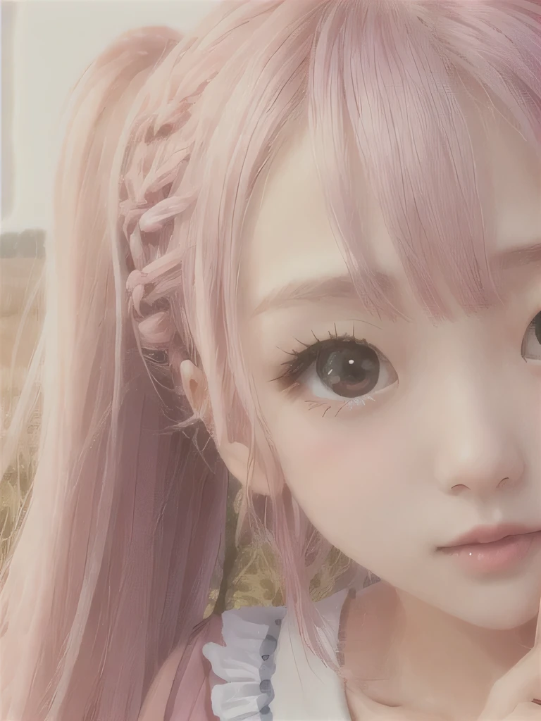 1 girl, alone, barefoot, flower, long hair, null, dress, flower petals, outdoor, holding, holding flower, cloud, pink hair, Wind, field、Small breasts、close up of face、16K、She is the flower spirit、flower decoration、Clothes that show your collarbones、Braid、twin tails、flower headband、