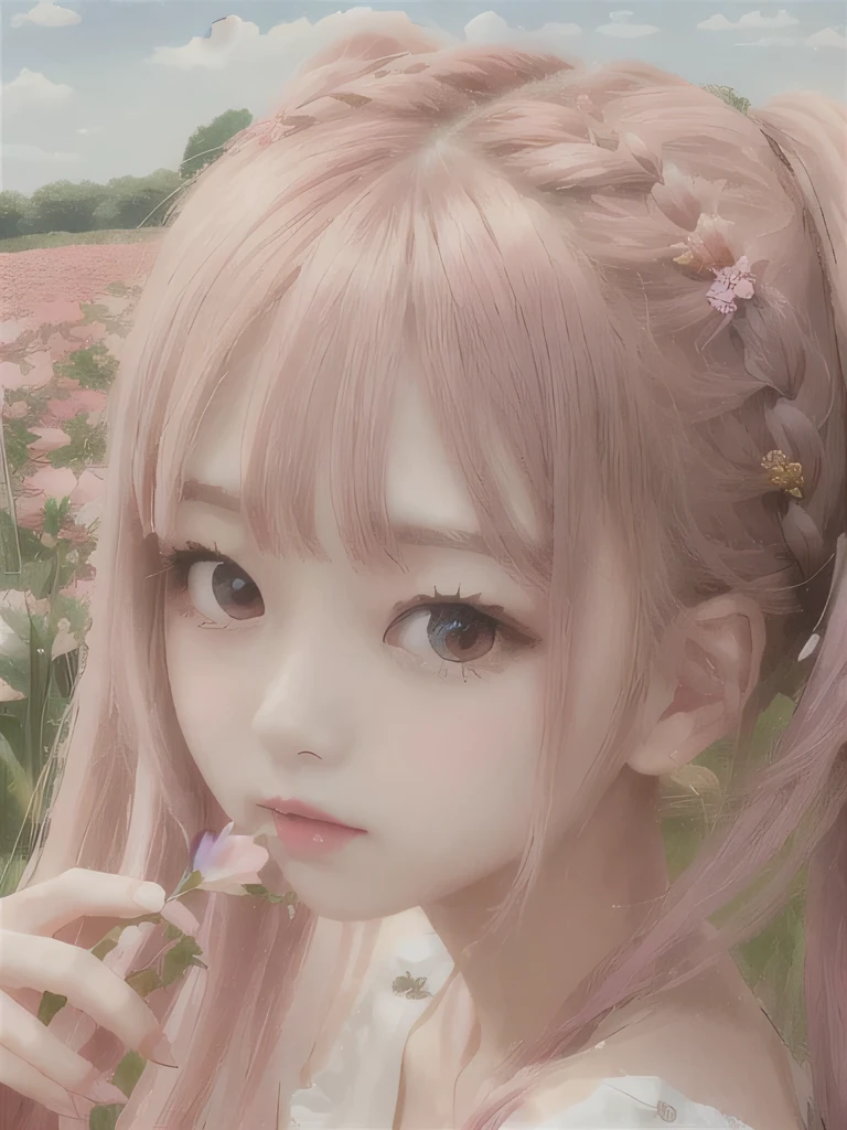 1 girl, alone, barefoot, flower, long hair, null, dress, flower petals, outdoor, holding, holding flower, cloud, pink hair, Wind, field、Small breasts、close up of face、16K、She is the flower spirit、flower decoration、Clothes that show your collarbones、Braid、twin tails、flower headband、