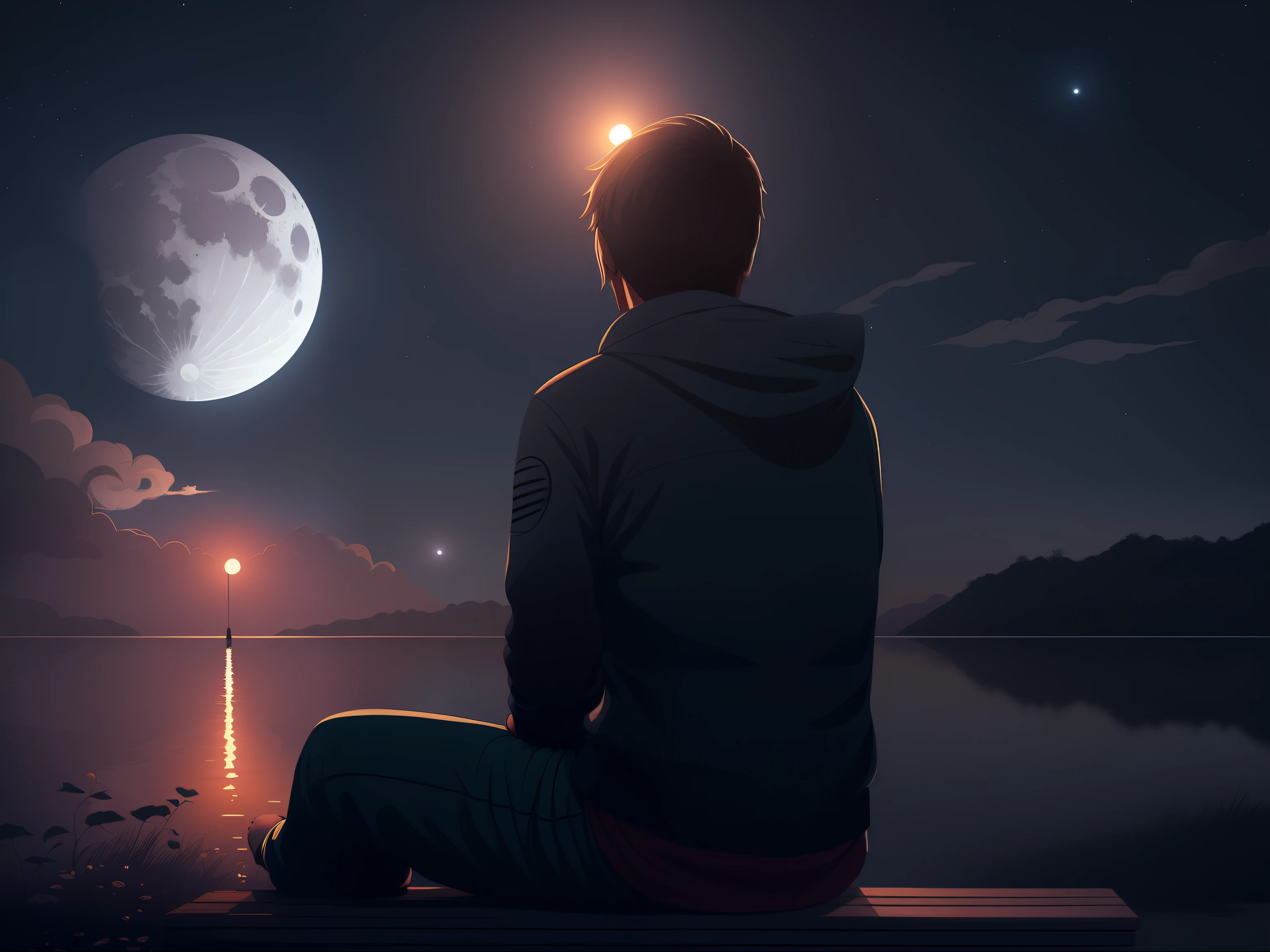 tem um homem sentado num banco olhando para a lua, noite calma. digital illustration, olhando para a lua cheia, sentado na lua, olhando para a lua, Cyril Rolando e Goro Fujita, moon behind him, 3D rendering beep, cinematic beep, inspirado em Cyril Rolando, noite calma. tiro por cima do ombro