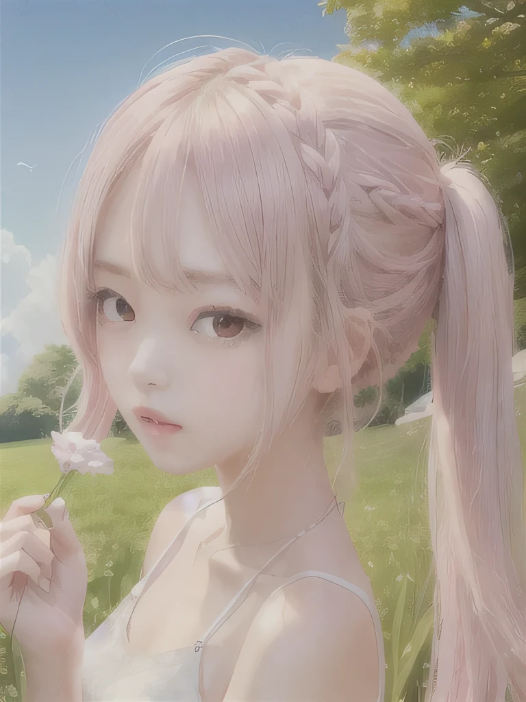 1 girl, alone, barefoot, flower, long hair, null, dress, flower petals, outdoor, holding, holding flower, cloud, pink hair, Wind, field、Small breasts、close up of face、16K、She is the flower spirit、flower decoration、Clothes that show your collarbones、Braid、twin tails、flower headband、
