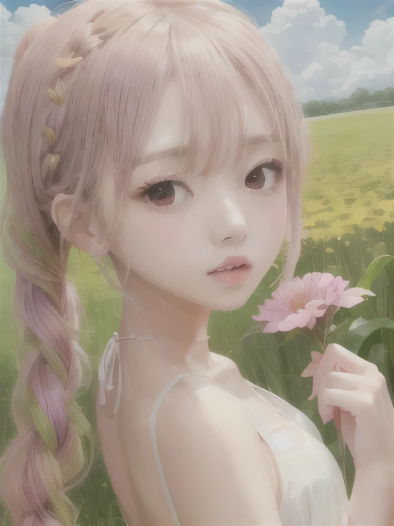 1 girl, alone, barefoot, flower, long hair, null, dress, flower petals, outdoor, holding, holding flower, cloud, pink hair, Wind, field、Small breasts、close up of face、16K、She is the flower spirit、flower decoration、Clothes that show your collarbones、Braid、twin tails、flower headband、ponytail、