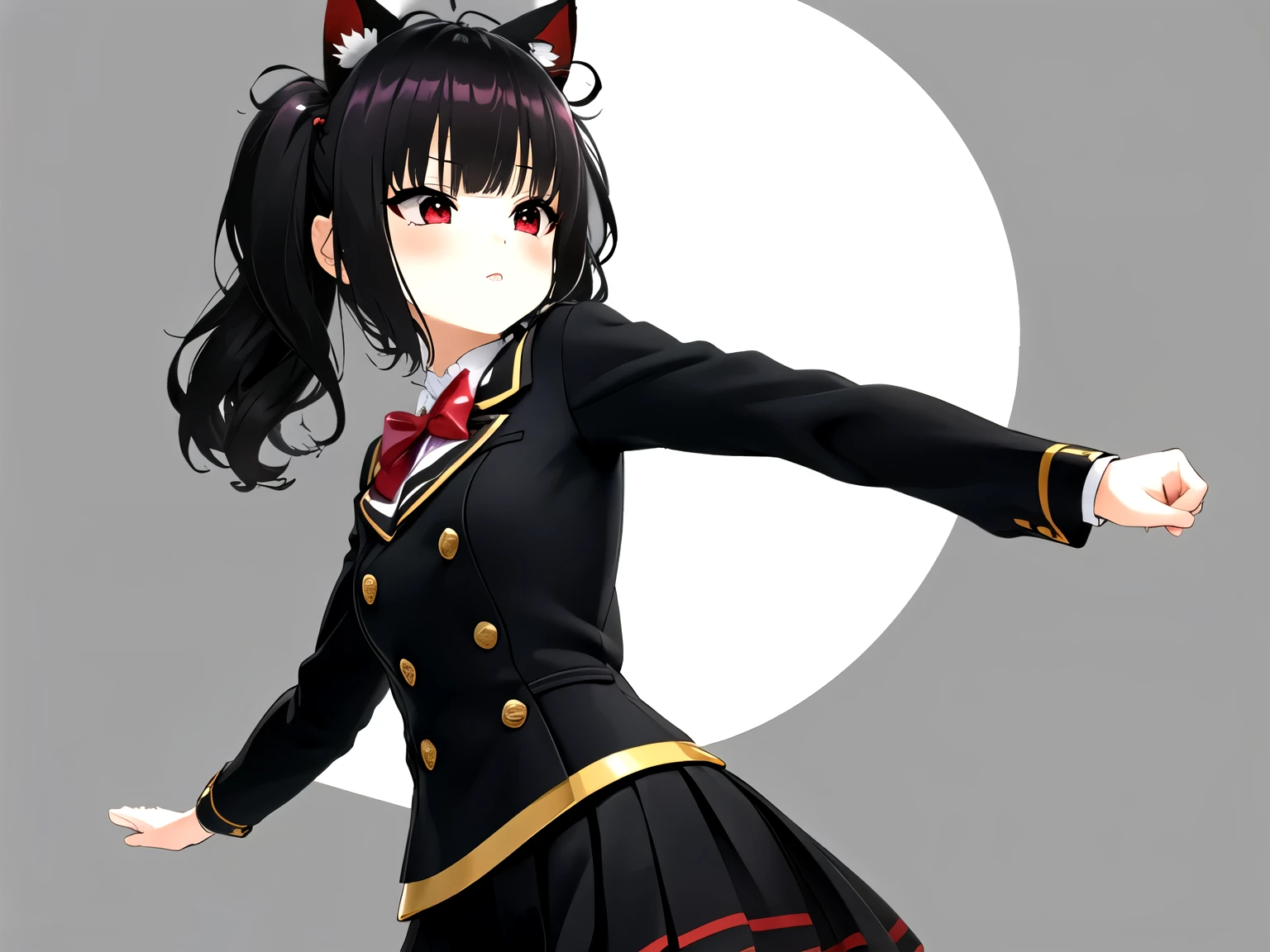 obra maestra, Mejor calidad, sasaki_como, 1 chica, solo,((long hair with pigtails and a black fringe with cat ears, beautiful red eyes)), sonrisa, rubor, la camisa negra, mangas cortas, vaqueros, parque, al aire libre, mirando al espectador, desde arriba, pecho mediano, , Flores de cerezo, tree, luz de sol,