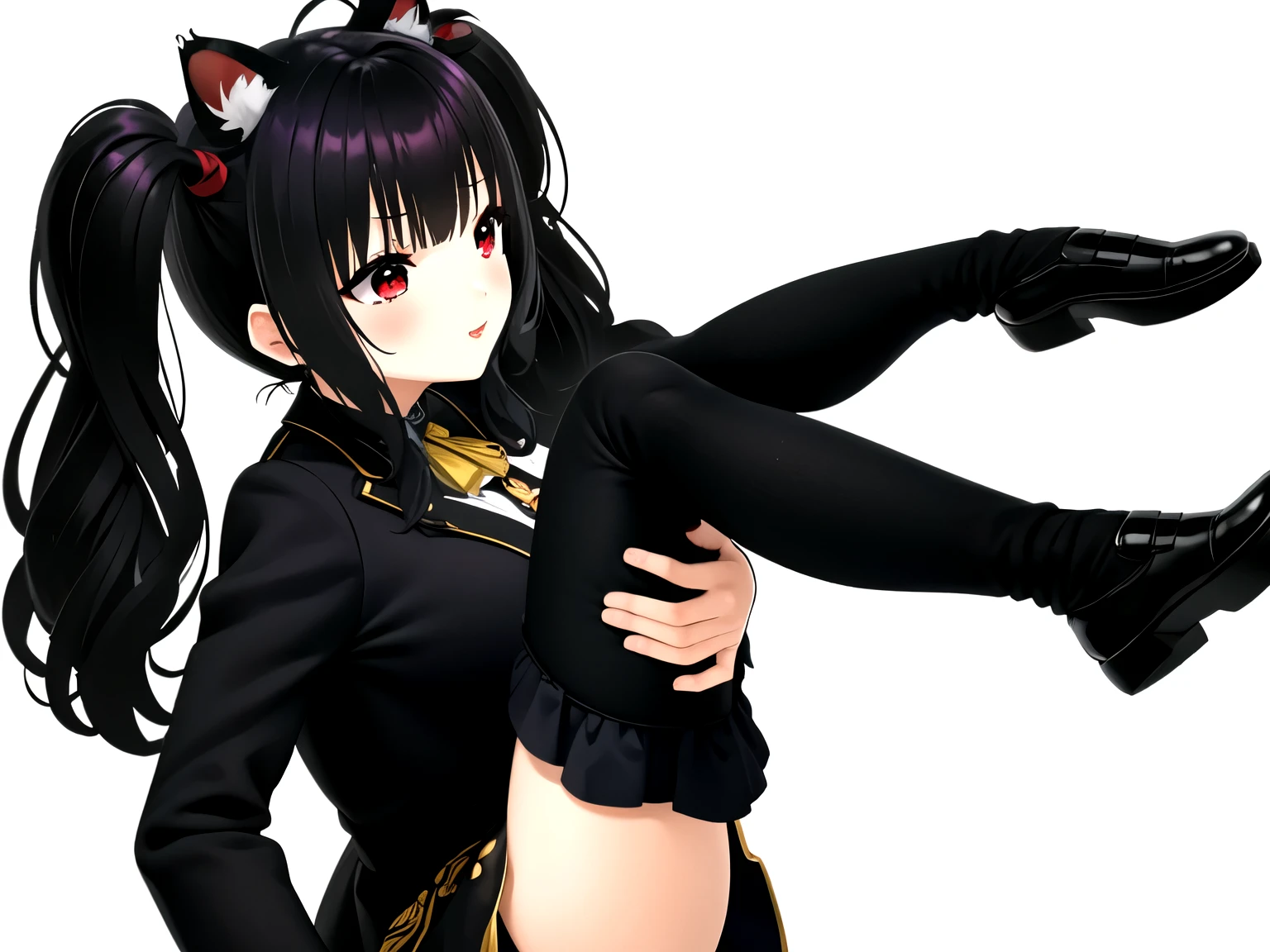 obra maestra, Mejor calidad, sasaki_como, 1 chica, solo,((long hair with pigtails and a black fringe with cat ears, beautiful red eyes)), sonrisa, rubor, la camisa negra, mangas cortas, vaqueros, parque, al aire libre, mirando al espectador, desde arriba, pecho mediano, , Flores de cerezo, tree, luz de sol,