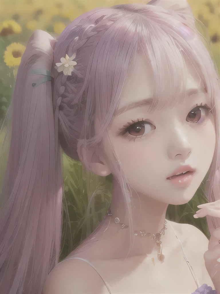 1 girl, alone, barefoot, flower, long hair, null, dress, flower petals, outdoor, holding, holding flower, cloud, pink hair, Wind, field、Small breasts、close up of face、16K、She is the flower spirit、flower decoration、Clothes that show your collarbones、Braid、twin tails、flower headband、ponytail、