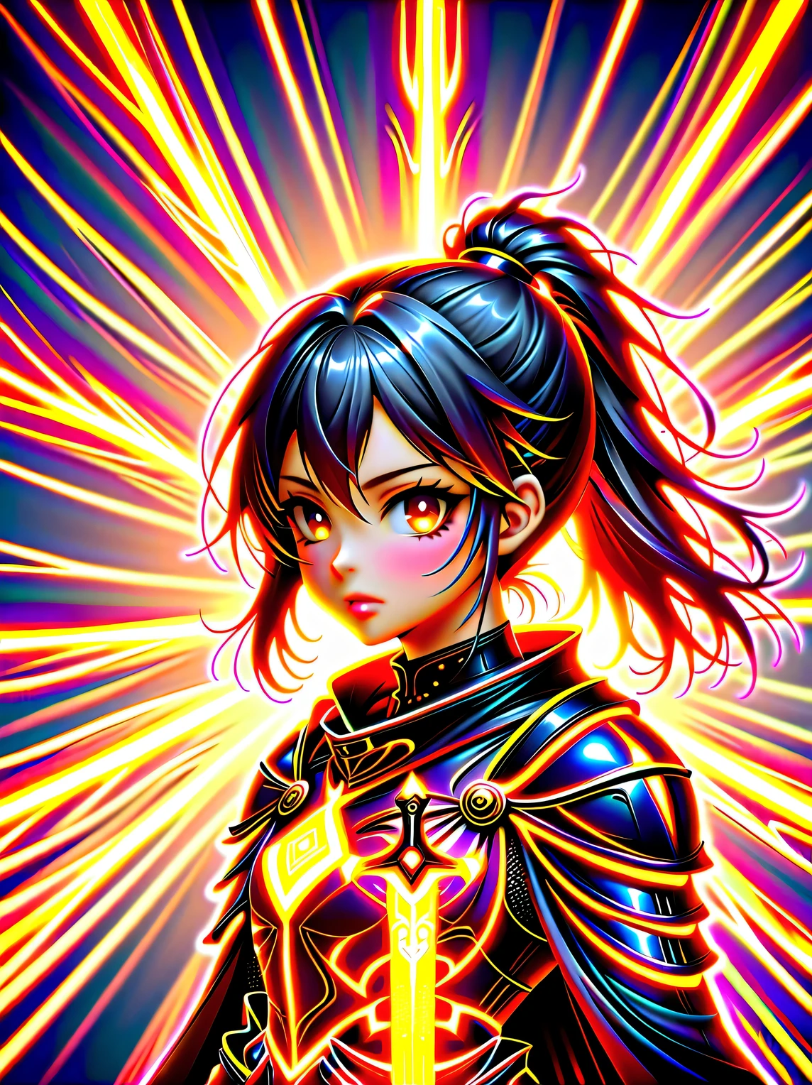 premium quality、masterpiece、highest quality、Super details、Super details、ultra high definition、perfect anatomy、blurred background、outdoor、Cherry blossoms、mist road、studio lighting、bright future、for the audience、Pink and black armor、girl、holding sword、sword equipped with ral-elctryzt、ponytail、glow、shine、eye-catching、Hong Kong style，portrait，medium shot