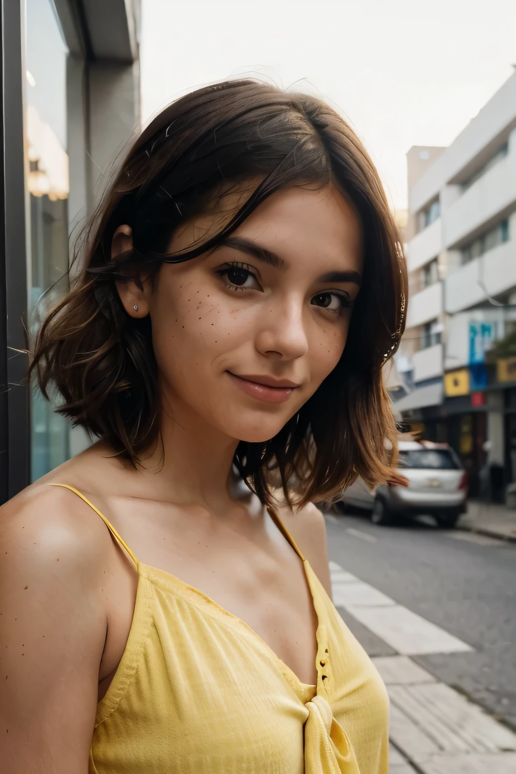 a lone woman with a bobbed haircut and freckled skin. The photo is taken from below, emphasizing her smile. She looks into the lens with an intensity of 1.4. Her hair is tousled by the wind. The image is in monochrome with high contrast and a depth of field of 1.6. It's an autumn day, outdoors in the city. Her hair is behind her ear. The lighting is diffuse, with a Fresnel effect and ambient lighting. It's morning, with sunlight coming from the side. The neon lights are dim. She is small and wears a yellow rag blouse. She is Brazilian