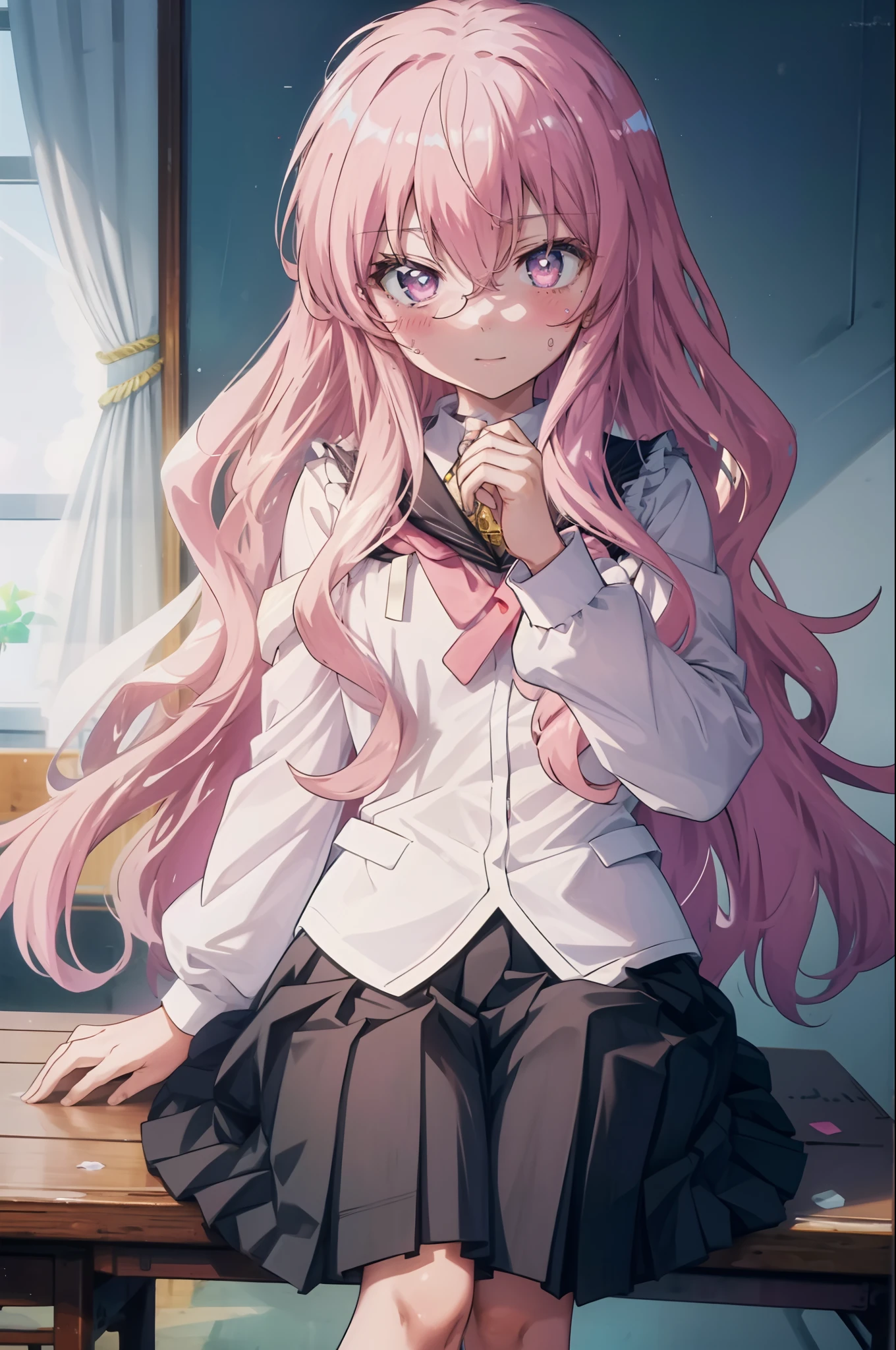 {{masterpiece}},{{highest quality}},{{High resolution}},{{caustics}},{{be familiar with}},blush,
 smile,Louise Françoise Le Blanc de La Vallière,Akabuchi glasses pink hair,pink eyes, black sailor suit,Pink cardigan,black pleated skirt,white stockings,brown loafers,classroom,sitting in a chair,break (masterpiece:1.2), highest quality, High resolution, unity 8k wallpaper, (figure:0.8), (detailed and beautiful eyes:1.6), highly detailed face, perfect lighting, Very detailed CG, (perfect hands, perfect anatomy),