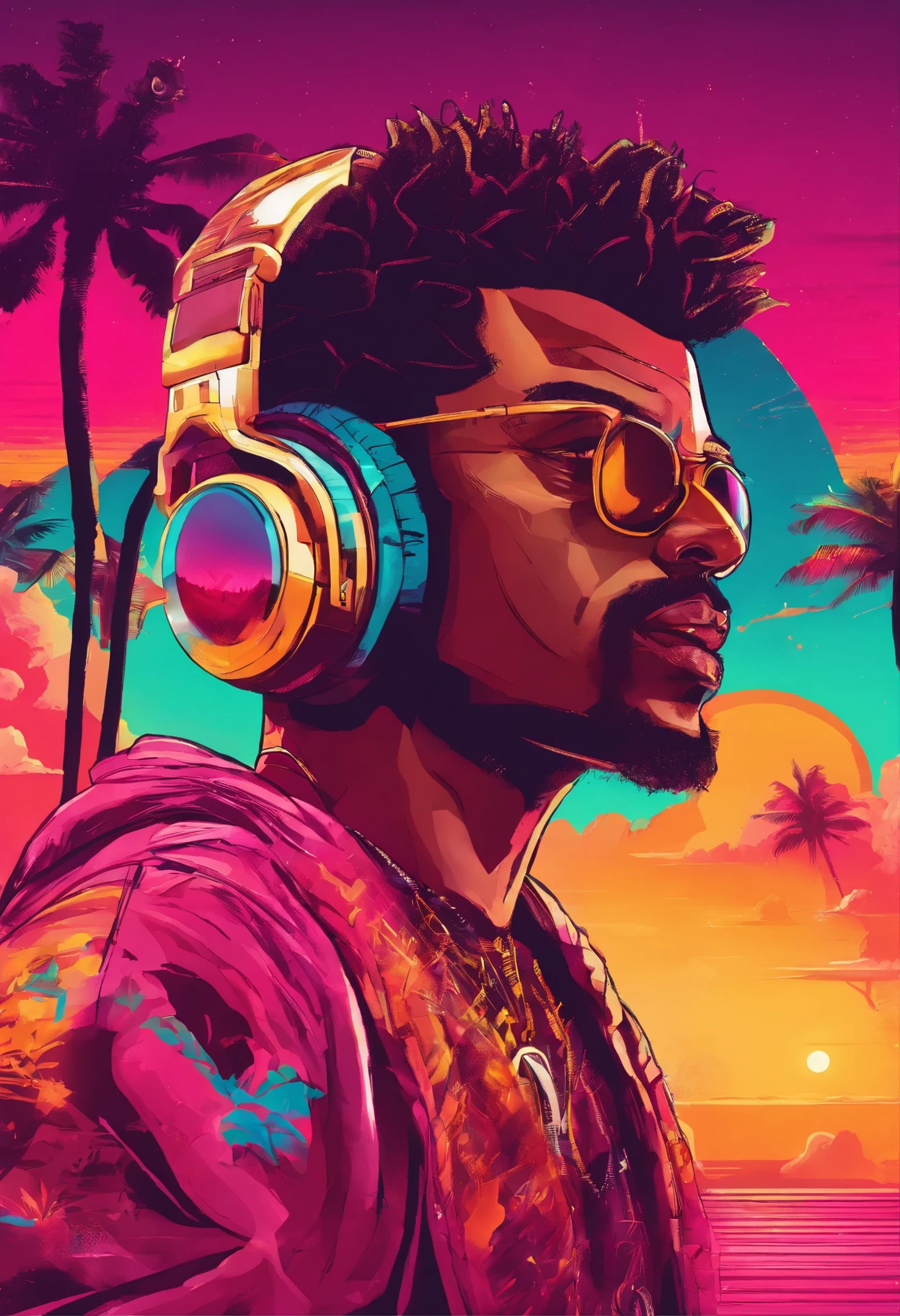 vintage t shirt design, a african American man with a pair of headphones, a sun set with a beach scene with palm trees and music notes, on a white background (rosto e corpo extremamente detalhados), cores vibrantes, (retrato), tom de cor vermelha, dramatic lighting, (best quality, ultra-detalhado, Altas), Realistic