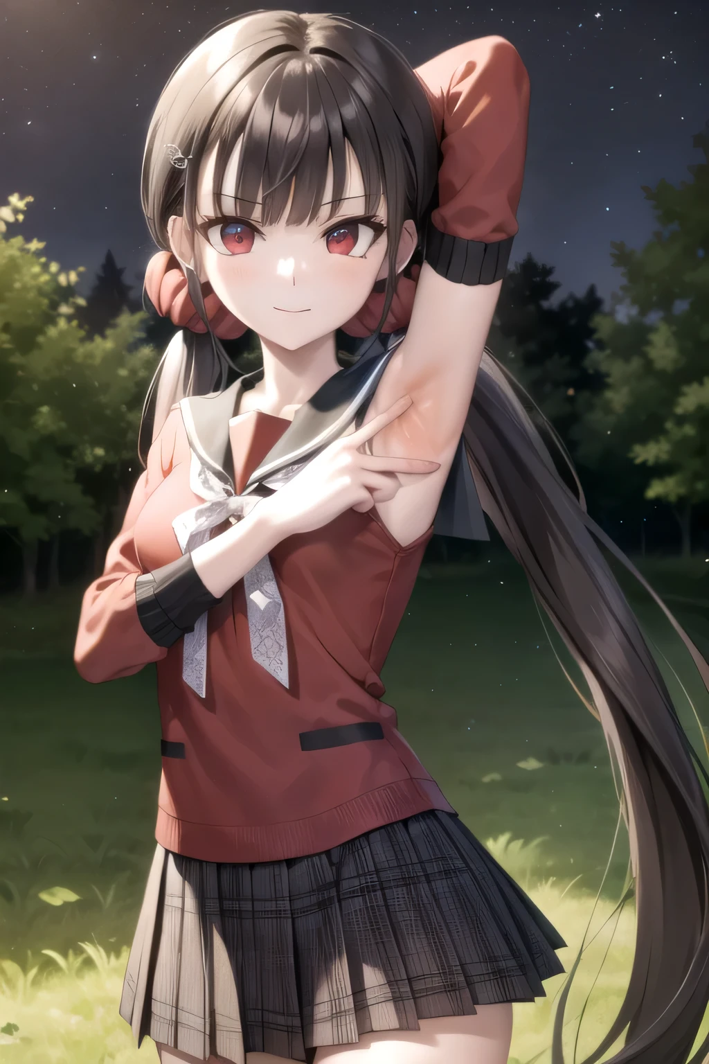 makiharukawa, harukawa maki, long hair, bangs, brown hair, black hair, hair ornament, (red eyes:1.5), twintails, very long hair, hairclip, blunt bangs, mole under eye, low twintails, scrunchie, hair scrunchie, red scrunchie, (small breast:1.2), BREAK skirt, shirt, thighhighs, long sleeves, bow, , pleated skirt, serafuku, miniskirt, black skirt, sailor collar, mole, bracelet, zettai ryouiki, plaid, plaid skirt, red shirt, black sailor collar, red thighhighs, BREAK looking at viewer, BREAK outside, beach, BREAK (masterpiece:1.2), best quality, (beautiful detailed eyes:1.6), extremely detailed face, perfect lighting, extremely detailed CG, (perfect hands, perfect anatomy), anime, screencap, high quality, closed mouth, solo, upper body, night sky, forest, arms behind head, contrapposto, spread armpits, smile, high quality,