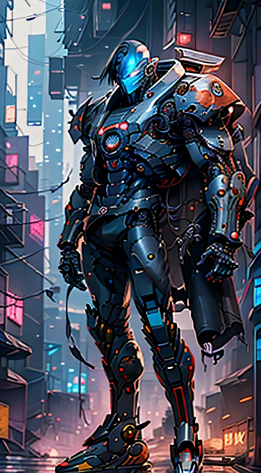 Boutique,Melhor qualidade,gold jewelry,(slip your feet),Pele de fada,(fidelidade :1.2),standing,super detalhado,realista,alta qualidade,luz de filme,Rastreamento de raios,Ultra HD,Upper body man in pants and jacket next to a giant robot, Arte em estilo Guweiz, Cyberpunk eu, Trends in CGSTATION, Guweiz, Russel Dongjun Lu, arte digital de anime cyberpunk, ross tran 8k, guweiz no artstation pixiv, homem com armadura de rede mecha