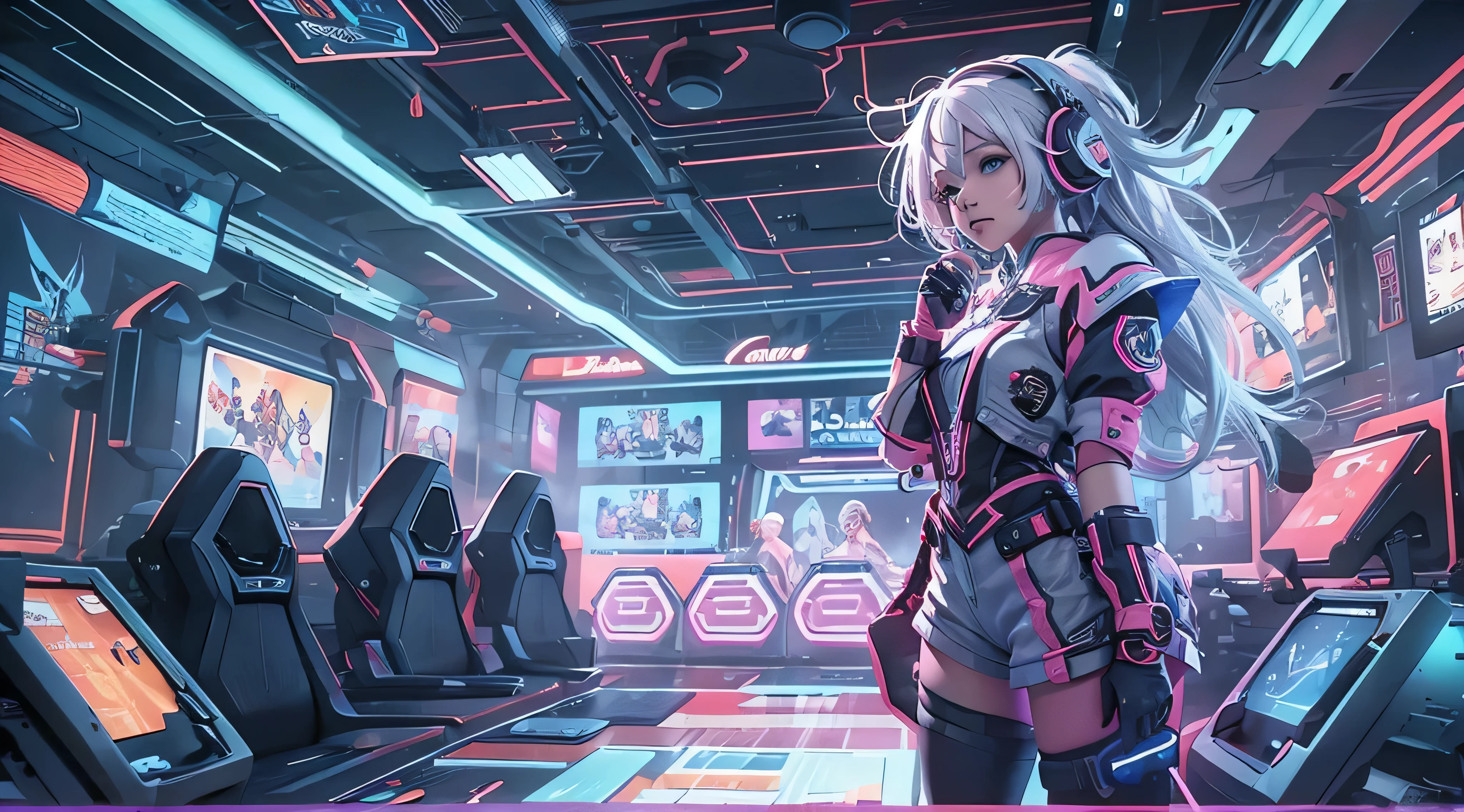 A girl with white hair, wearing a colorful outfit and cosplay costume, stands in a dynamic pose. She has a playful expression on her face as she enjoys playing video games. The girl is a gamer, immersed in her virtual world, holding a console controller in one hand and a keyboard in the other. She wears headphones, symbolizing her dedication to gaming. The scene is set in a brightly lit studio with soft lighting, enhancing the vivid colors of the girl’s outfit. The composition is creative and cartoonish, with a background scenery featuring artistic interpretation of video game elements. Glowing digital effects surround the girl, adding to the energetic and action-packed atmosphere. Electric blue accents are scattered throughout the image, giving it a mysterious and futuristic feel. Overall, the prompt aims to capture the fun, enthusiasm, and creativity associated with gaming, while showcasing the girl's passion and love for video games in an anime-style artwork.
Gamer girl grey hair sexy outfit slim body