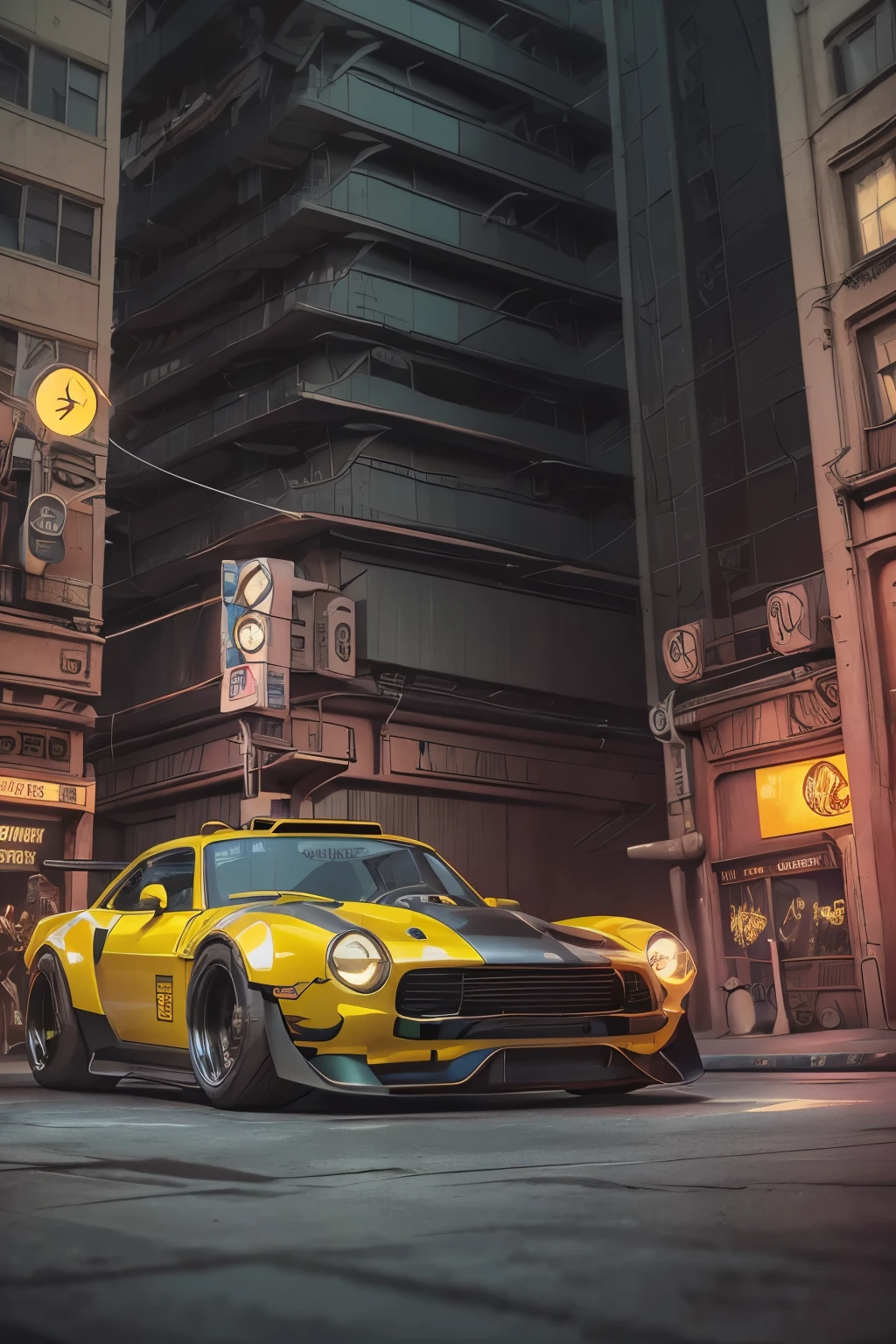 professional photo of a futuristic muscle car with multiple modifications, large wheels, yellow paint, parked, cybernetic hood, cyber car parts, (exotic headlights), mad-max, v8 engine, blower, pop-up headlights, futuristic, car mods, spoiler, science fiction, science fiction scenario, night, natural light, cyberpunk, futuristic city, cyberpunk city, neon signs, (highly detailed), (highly detailed background), no background buildings, detailed textures, wide angle, 8k, HDR, professional photoshoot, high quality photo, realistic photo, realistic shadows, detailed shadows, realistic proportions, photographed with a Sony a9 II Mirrorless camera, film grain, raw photo, physics-based rendering, vibrant colors, award-winning image, (color particles).