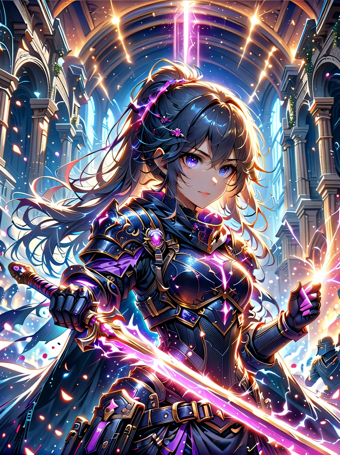 premium quality、masterpiece、highest quality、Super details、Super details、ultra high definition、perfect anatomy、blurred background、outdoor、Cherry blossoms、mist road、studio lighting、bright future、for the audience、Pink and black armor、girl、holding sword、sword equipped with ral-elctryzt、ponytail、glow、shine、eye-catching、Hong Kong style，portrait，medium shot