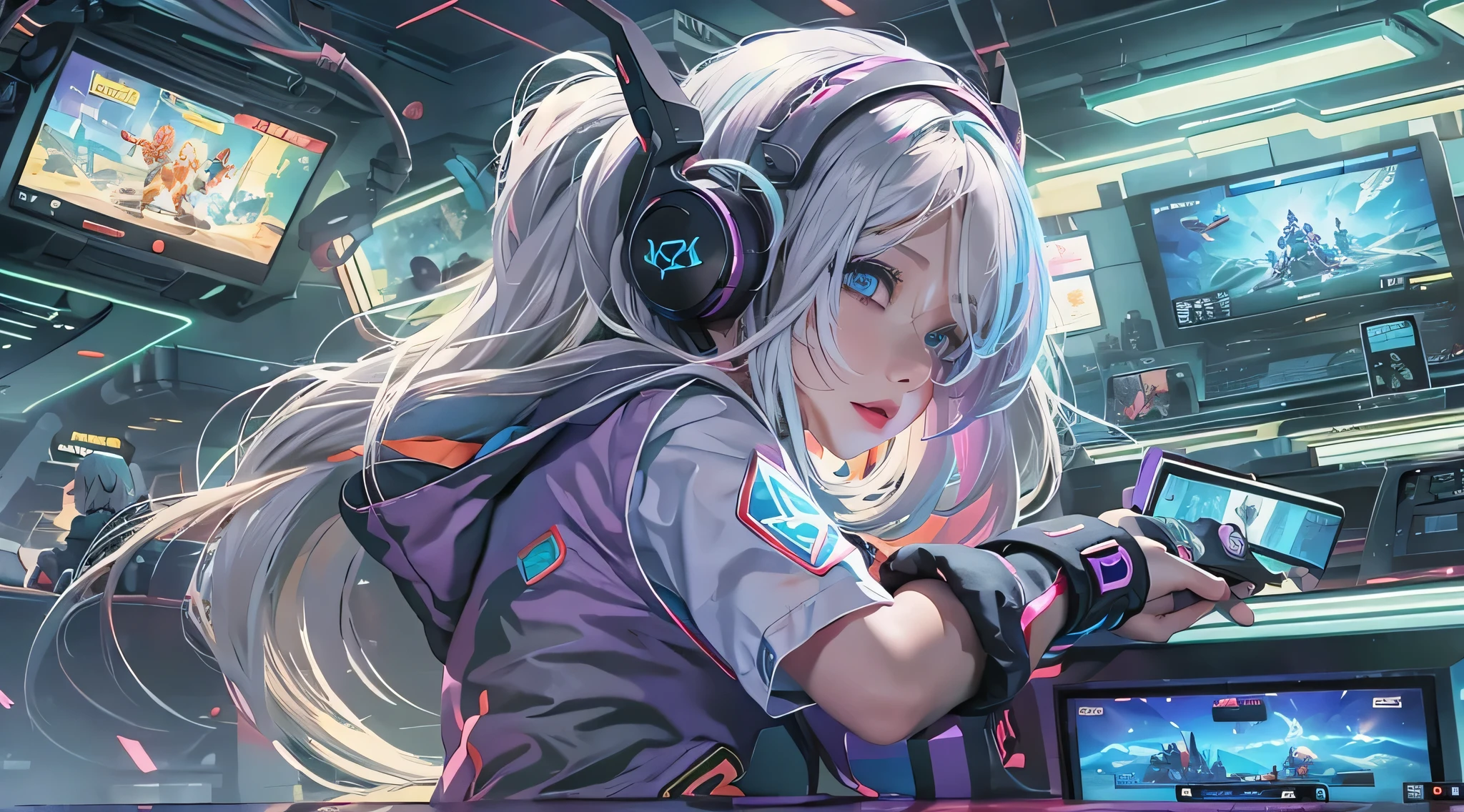 A girl with white hair, wearing a colorful outfit and cosplay costume, stands in a dynamic pose. She has a playful expression on her face as she enjoys playing video games. The girl is a gamer, immersed in her virtual world, holding a console controller in one hand and a keyboard in the other. She wears headphones, symbolizing her dedication to gaming. The scene is set in a brightly lit studio with soft lighting, enhancing the vivid colors of the girl’s outfit. The composition is creative and cartoonish, with a background scenery featuring artistic interpretation of video game elements. Glowing digital effects surround the girl, adding to the energetic and action-packed atmosphere. Electric blue accents are scattered throughout the image, giving it a mysterious and futuristic feel. Overall, the prompt aims to capture the fun, enthusiasm, and creativity associated with gaming, while showcasing the girl's passion and love for video games in an anime-style artwork.
Gamer girl grey hair sexy outfit slim body