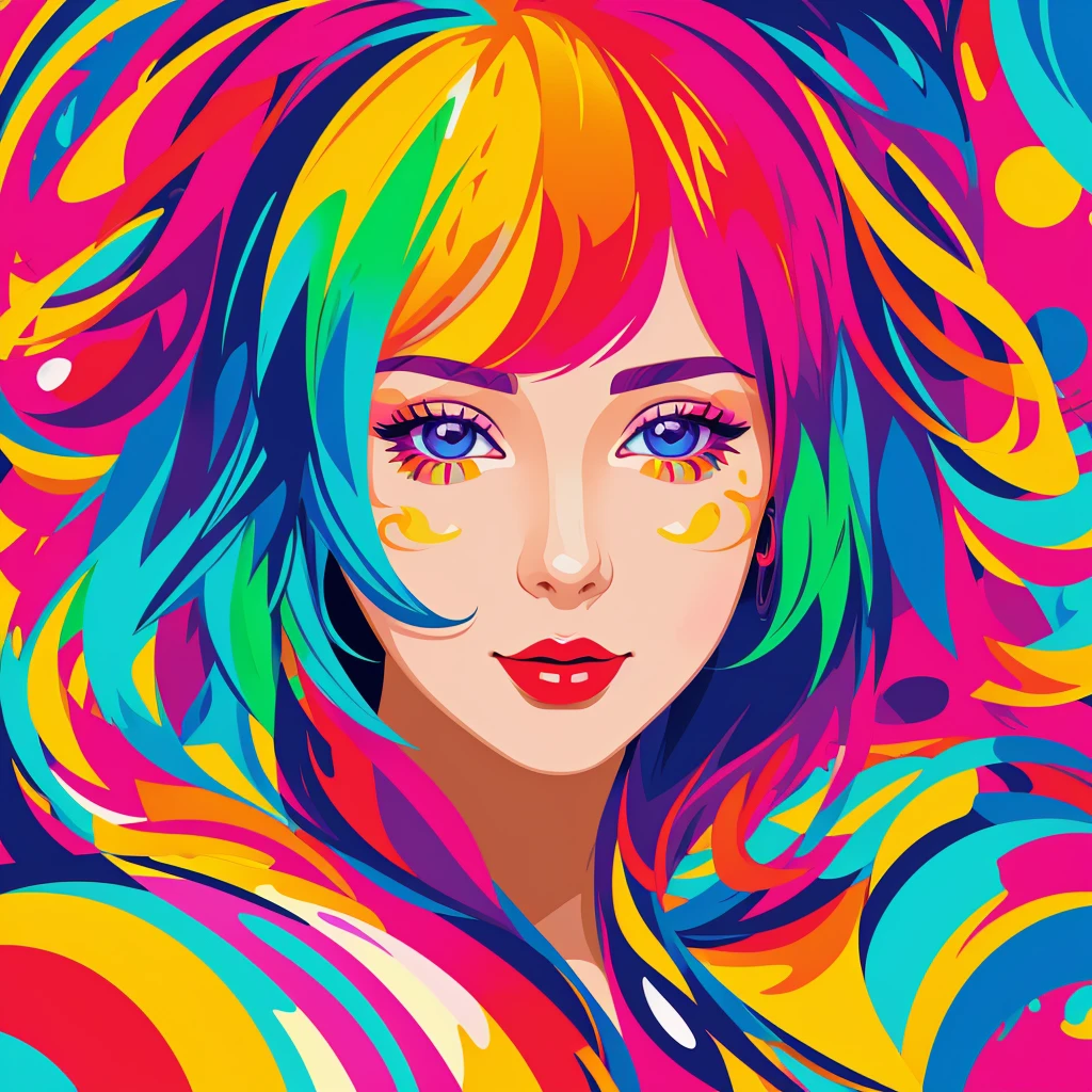 the colorful abstract of cute woman, (colorful,high detailed,vector-art)