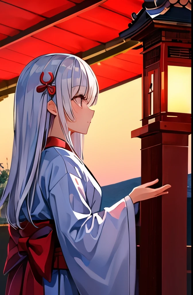 white hair girl、long white hair、wearing a white long-sleeved kimono、red obi、Shrine precincts、It&#39;s night but the sky is red、red lantern