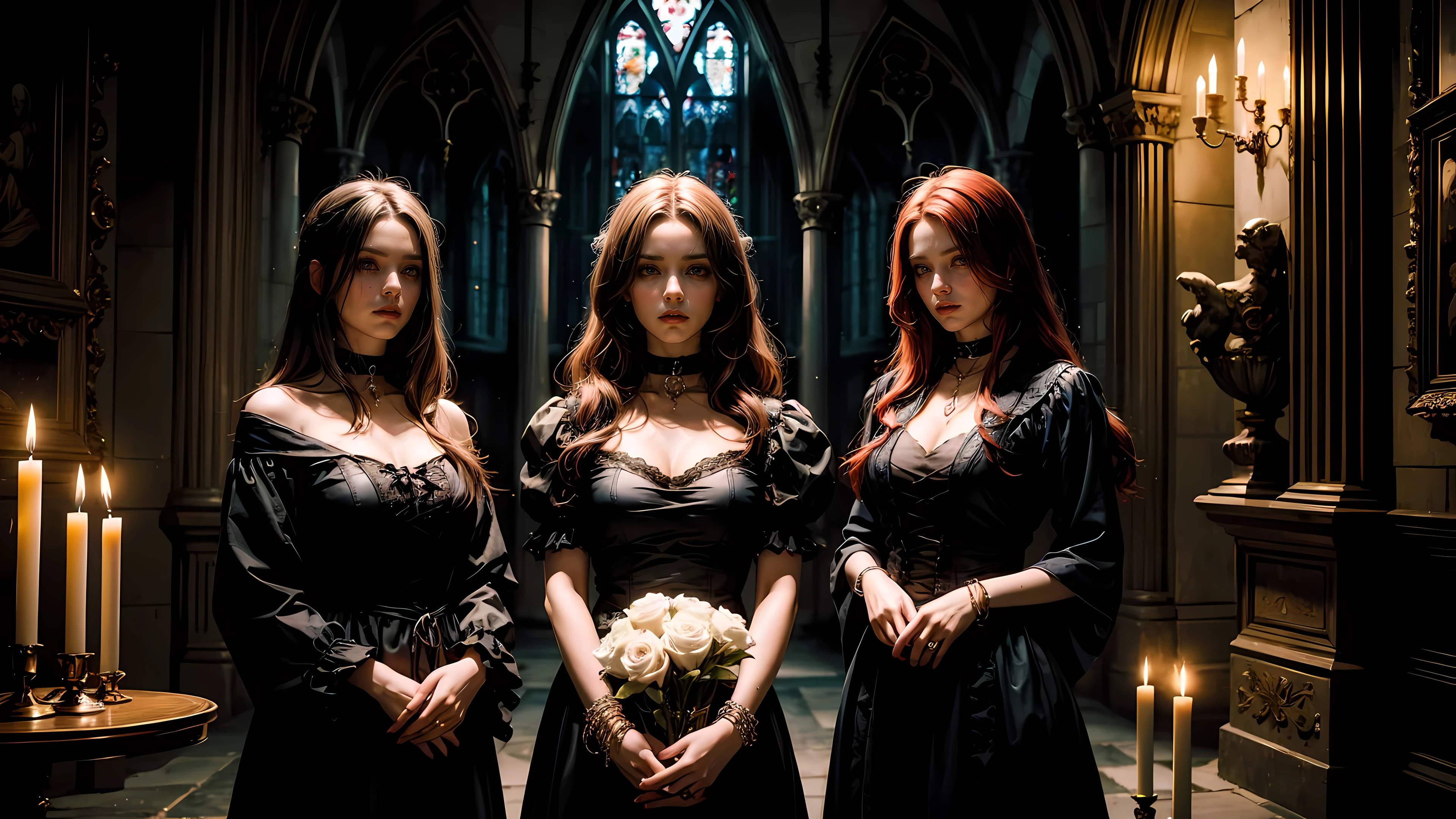 Three beautiful 21 year old girls, three witches, witches ritual, Black Sabbath, detailed beautiful hair, detailed beautiful eyes, small breasts, red hair, black hair, white hair, choker collar, bracelets, black dresses, standing, gothic decor, hammer horror film mansion, stained glass window, Victorian mansion, candles, candlelight, gloomy, dungeon, dramatic lighting, cinematic lighting, Rembrandt lighting