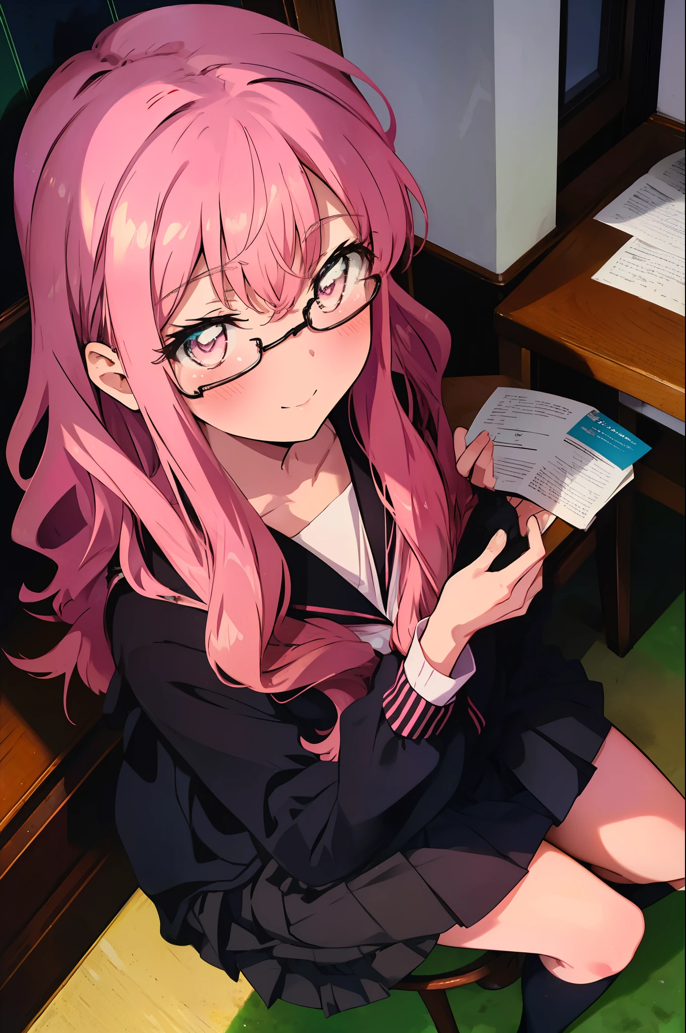 {{masterpiece}},{{highest quality}},{{High resolution}},{{caustics}},{{be familiar with}},blush,
 smile,Louise Françoise Le Blanc de La Vallière,Akabuchi glasses pink hair,pink eyes, black sailor suit,Pink cardigan,black pleated skirt,white stockings,brown loafers,classroom,sitting in a chair,break (masterpiece:1.2), highest quality, High resolution, unity 8k wallpaper, (figure:0.8), (detailed and beautiful eyes:1.6), highly detailed face, perfect lighting, Very detailed CG, (perfect hands, perfect anatomy),