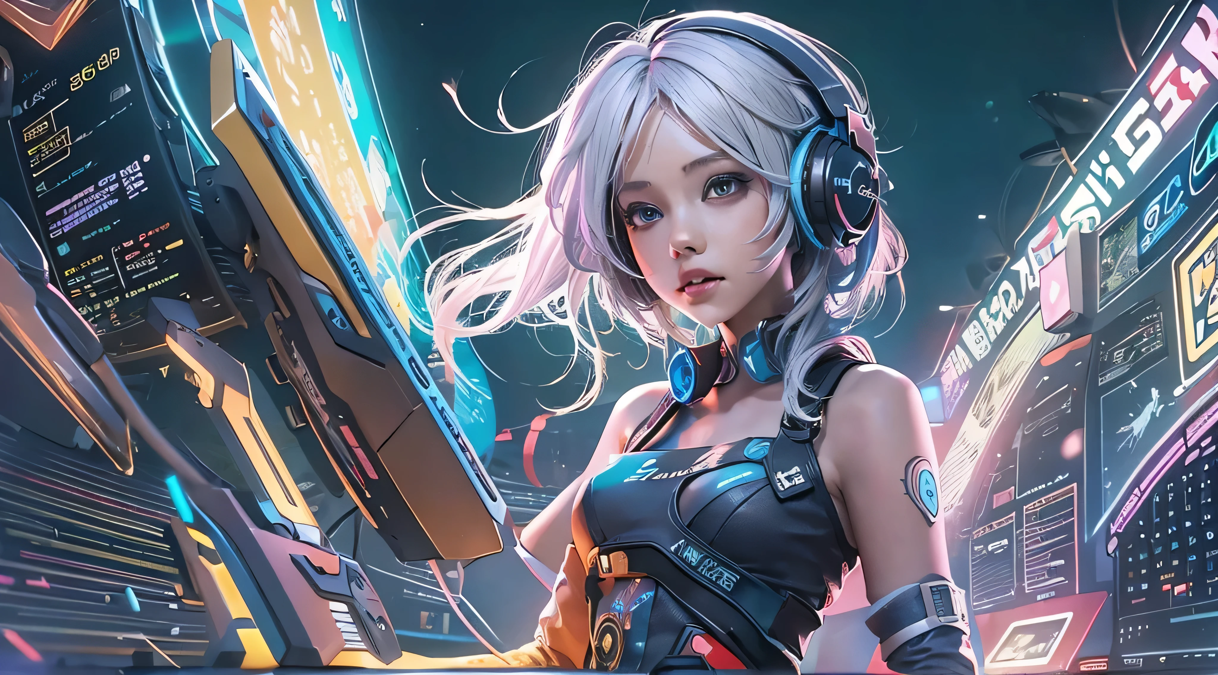 A girl with white hair, wearing a colorful outfit and cosplay costume, stands in a dynamic pose. She has a playful expression on her face as she enjoys playing video games. The girl is a gamer, immersed in her virtual world, holding a console controller in one hand and a keyboard in the other. She wears headphones, symbolizing her dedication to gaming. The scene is set in a brightly lit studio with soft lighting, enhancing the vivid colors of the girl’s outfit. The composition is creative and cartoonish, with a background scenery featuring artistic interpretation of video game elements. Glowing digital effects surround the girl, adding to the energetic and action-packed atmosphere. Electric blue accents are scattered throughout the image, giving it a mysterious and futuristic feel. Overall, the prompt aims to capture the fun, enthusiasm, and creativity associated with gaming, while showcasing the girl's passion and love for video games in an anime-style artwork.
Gamer girl grey hair sexy outfit slim body