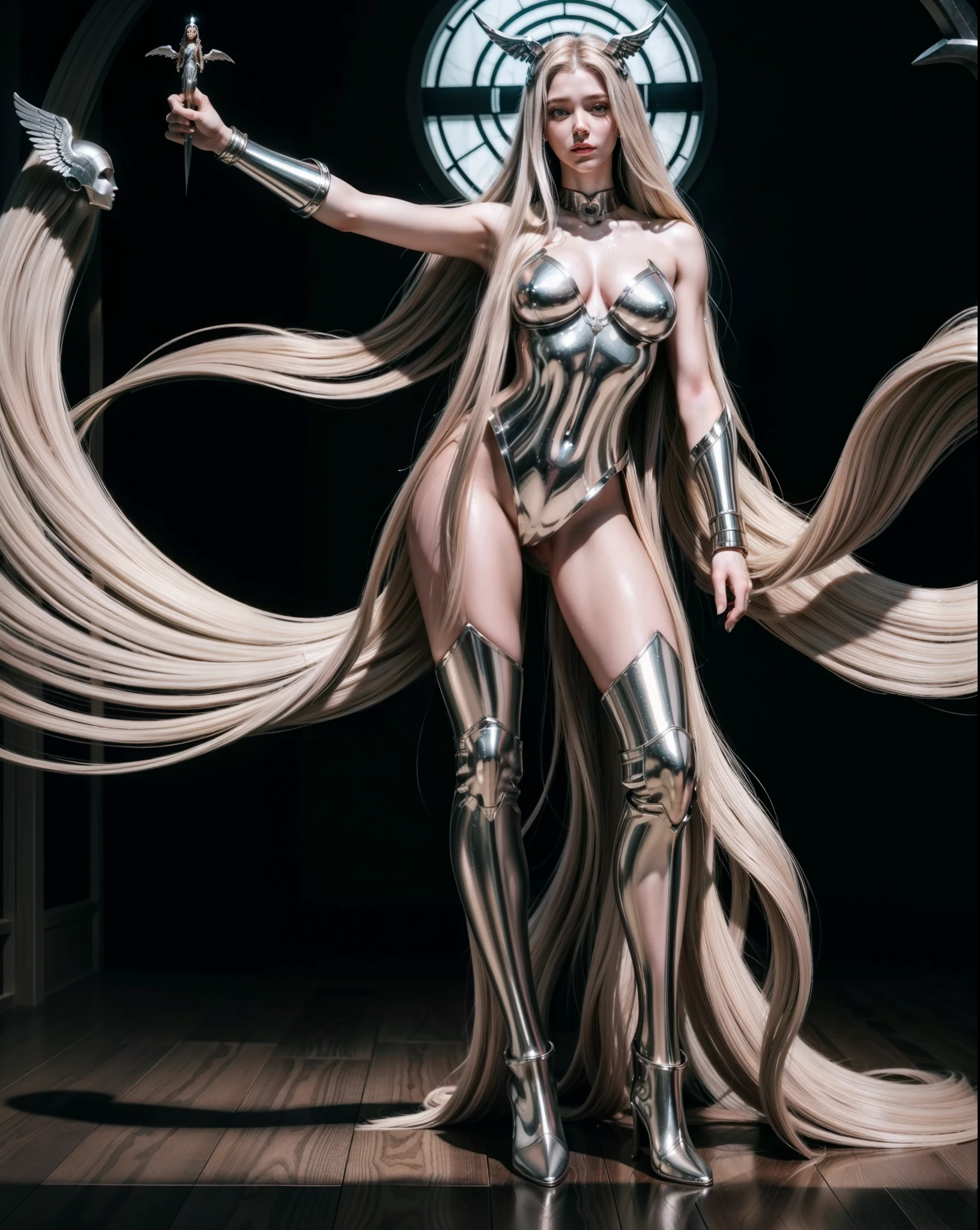 um close de uma mulher com asas em uma rocha, Deusa. detalhes extremamente altos, armadura dourada angelical, golden Deusa athena, greek Deusa athena, o deus Atena, artgerm julie bell beeple, do lindo anjo, anjo feminino alto, athena Deusa of wisdom, like a mystical valkyrie, anjo majestoso de corpo inteiro, lindo anjo feminino, Armadura branca, 12 meters long hair, , ([long hair hair]:1.8), (full body:1.8),long haircut, the hime cut, large highlights, hair coloring, spaghetti hair, really long, wet flowing hair, clean long lines, glossy and drippy, stranding straight, very elongated lines, very long and unkempt hair, long sleek tail behind, Ridiculously large amount of hair、The hair is ridiculously bushy, Hide my hands with long hair、Hide my fingers with long hair, , (Details of the face and eyes: 1.2), silver eyes