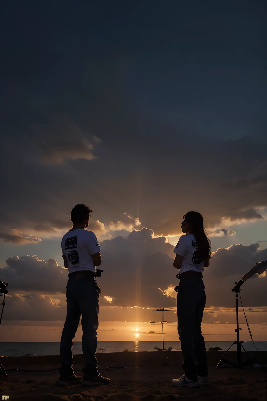 Crie a foto de um set de filmagem, with three cameras, difusores, correction light, sound and image technicians and other professionals filming a beautiful sunset on the horizon and the COMEND logo on the shirts...