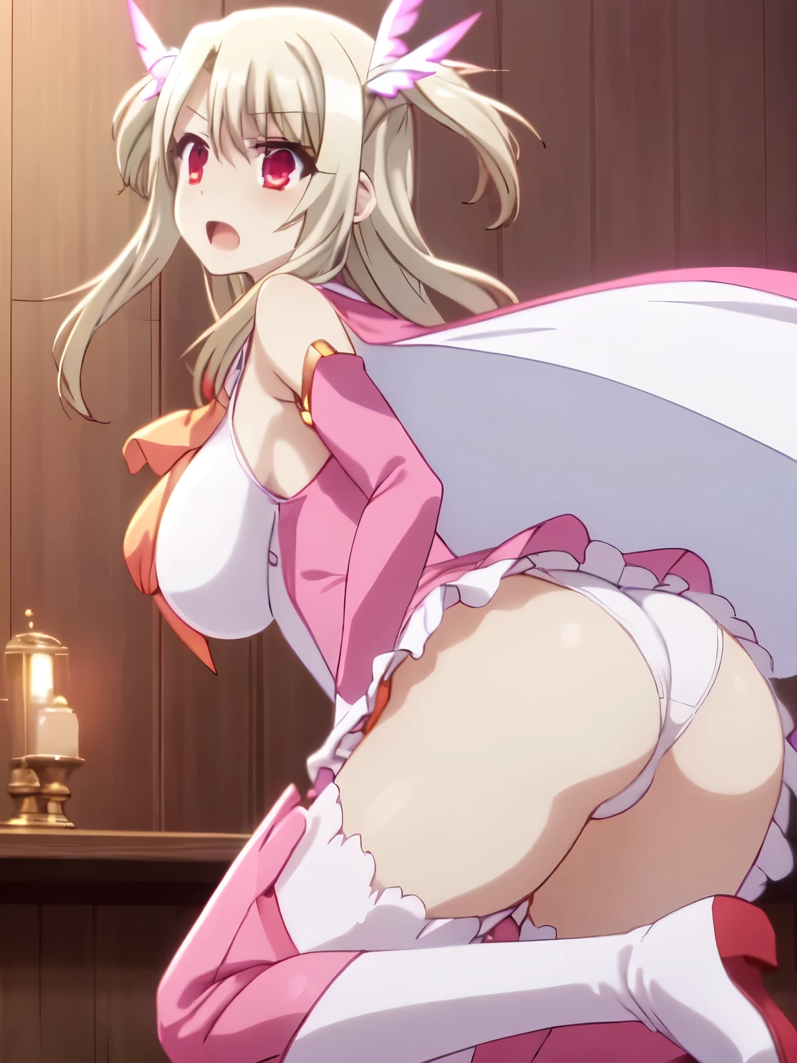 aaillya,long_hair,blonde_hair,red_eyes,hair_between_eyes,bangs,white_hair, illyamagical,magical_girl,two_side_up,hair_ornament,feather_hair_ornament,gloves,white_gloves,elbow_gloves,detached_sleeves,ascot,thigh_boots,thighhighs,pink_footwear,boots,bare_shoulders,cape, 1girl, solo, 9 , perfect anatomy, spread arms, short stature, Short arms, Short legs, (gigantic breasts, big ass:1.3),pussy line, fullback panties, blush, ecstasy, bed, bedroom, anime screencap,