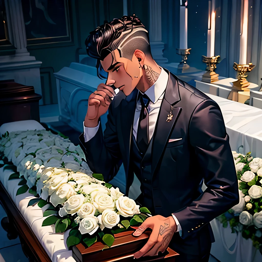 Homem, 21 Anos, Corpo Robusto, Pele Negra Clara, Olhos Verdes Esmeralda, Curly Hair Shaved on the Sides and Back, Rosto Fino. Do Him in a A burial, Dressed in a suit with a bouquet of white roses in his hand. rose tattoo on neck. Make Him weeping over the Coffin.