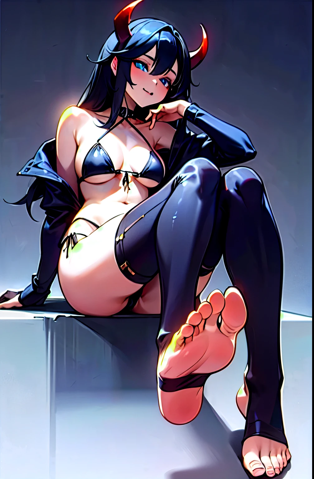 Stirrup Legwear, feet, sitting, soles, toes,  seductive gothic lady wearing skimpy black bikini, devil horns, long black hair, blue eyes