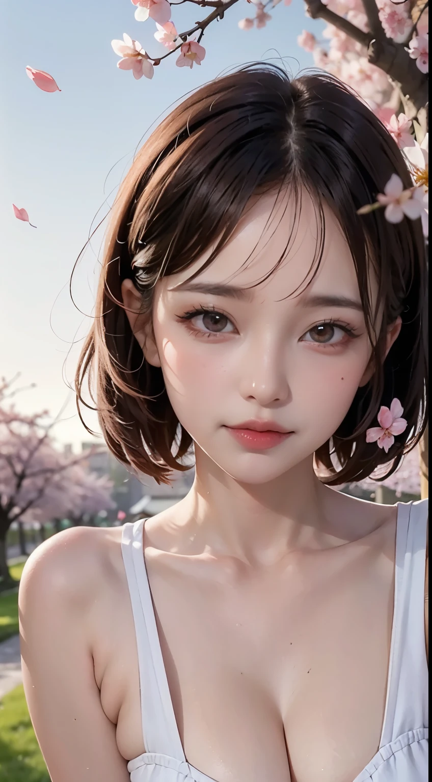 Mustepiece, top quality, illustration, ultra-definition, fine details, high resolution, 8K wallpaper, perfect dynamic composition, beautiful detailed eyes, wearing a dress, natural colored lips, random cute pose, perfect and beautiful face, cute, sexy face, sunset, ecstasy face, feminine face, (cherry blossoms, cherry blossoms, falling cherry blossom petals, cherry blossom blizzard, falling petals), waving in the wind Hair, hair fluttering, pink cherry blossoms, petals dancing, cherry blossom snowstorm, wonderful scenery, sunrise, background sun, wind,