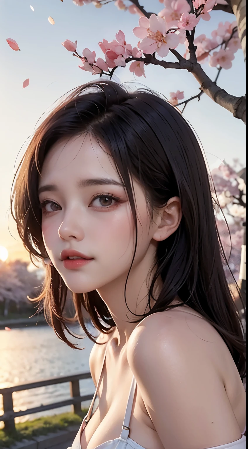 Mustepiece, top quality, illustration, ultra-definition, fine details, high resolution, 8K wallpaper, perfect dynamic composition, beautiful detailed eyes, wearing a dress, natural colored lips, random cute pose, perfect and beautiful face, cute, sexy face, sunset, ecstasy face, feminine face, (cherry blossoms, cherry blossoms, falling cherry blossom petals, cherry blossom blizzard, falling petals), waving in the wind Hair, hair fluttering, pink cherry blossoms, petals dancing, cherry blossom snowstorm, wonderful scenery, sunrise, background sun, wind,