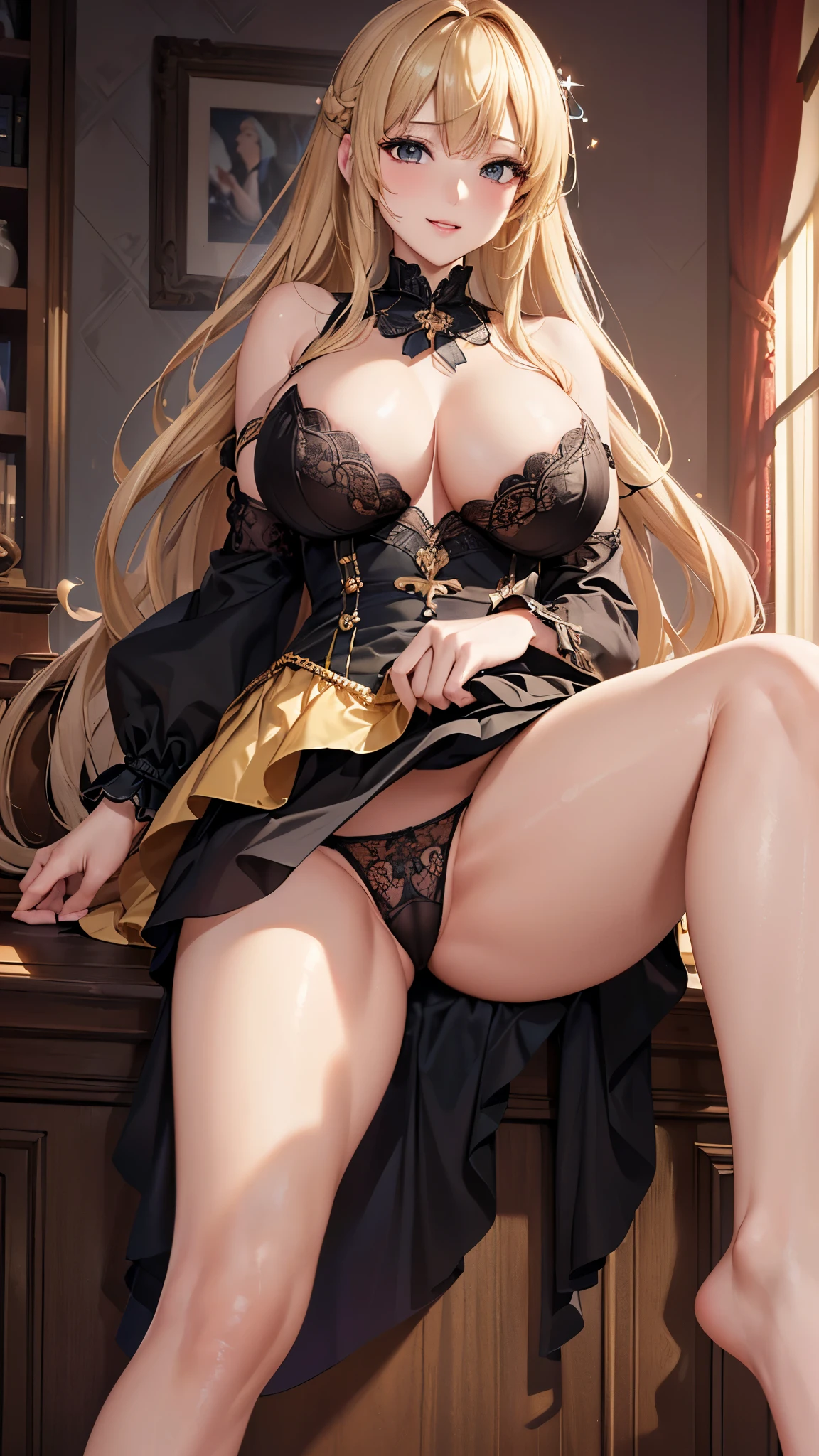 ((highest quality、High resolution、Highly detailed CG Unity 8K wallpaper))、detailed face、perfect body、unparalleled beauty、blonde、beautiful breasts、open your legs、a sexually excited look、sexy dress with detailed decoration、skirt、((She shows me her panties and seduces me))