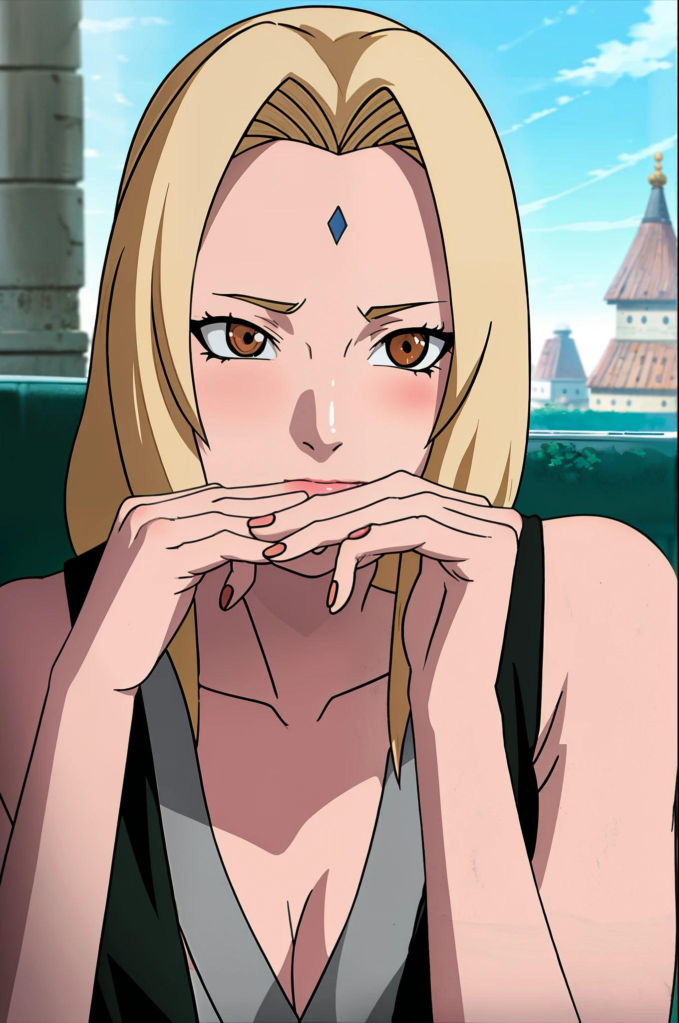 obra maestra, tsunade, pechos grandes, sin mangas, hombros descubiertos, solo, 1 chica, axilas afeitadas, absurdos, detallado, ultra high definition, anime