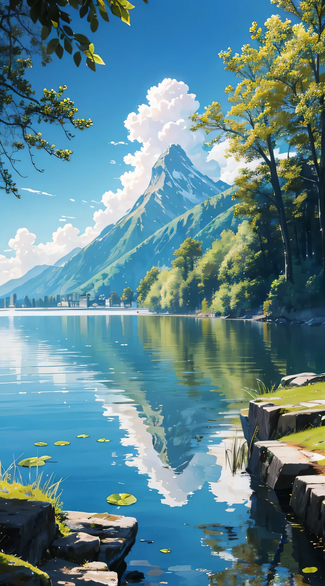 , masterpiece, best quality, 8K, Ridiculous, water surface, summer, noon, Sunlight, blue sky, view, depth of field, high resolution, fine details, Super detailed, Serenity and sharp focus on sun-beating lake surface, Where a person stands on a leaf, Highlight the following elements:
The lake should be calm、clear way to depict, reflecting the Sunlight.
The sun should be obvious, Radiate light onto the scene.
The person should be at the top of the leaf, Conveys a sense of balance and connection to nature.
The environment around a lake may contain natural elements such as trees, flowers or mountains in the background.
Use pastel colors to convey the tranquility of the scene.
Ensure the image is visually pleasing and conveys a sense of tranquility. |
