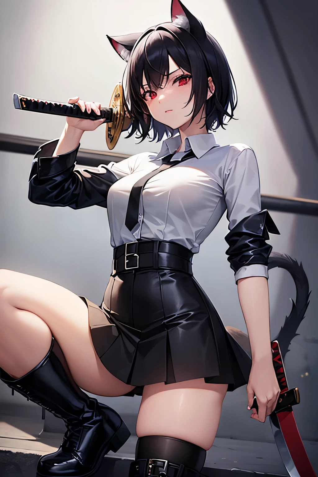 (masterpiece, best quality), 1 girl with short black hair, cat ears, short skirt, knee-high leather boots, white shirt up to mid-abdomen, red eyes, katana sword