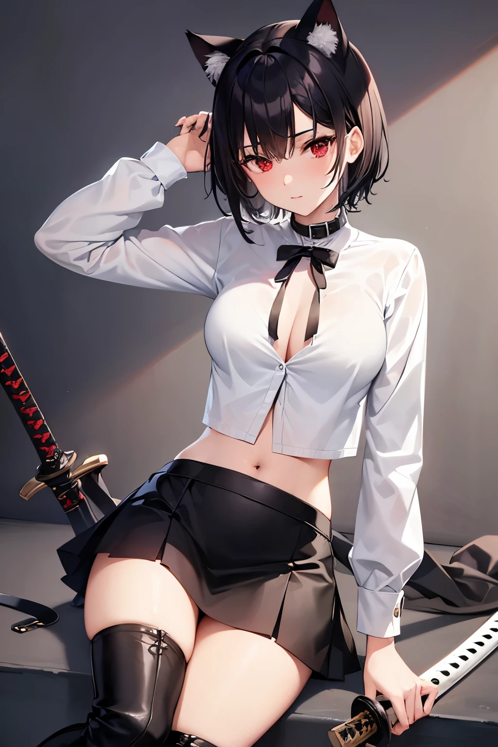 (masterpiece, best quality), 1 girl with short black hair, cat ears, short skirt, knee-high leather boots, white shirt up to mid-abdomen, red eyes, katana sword