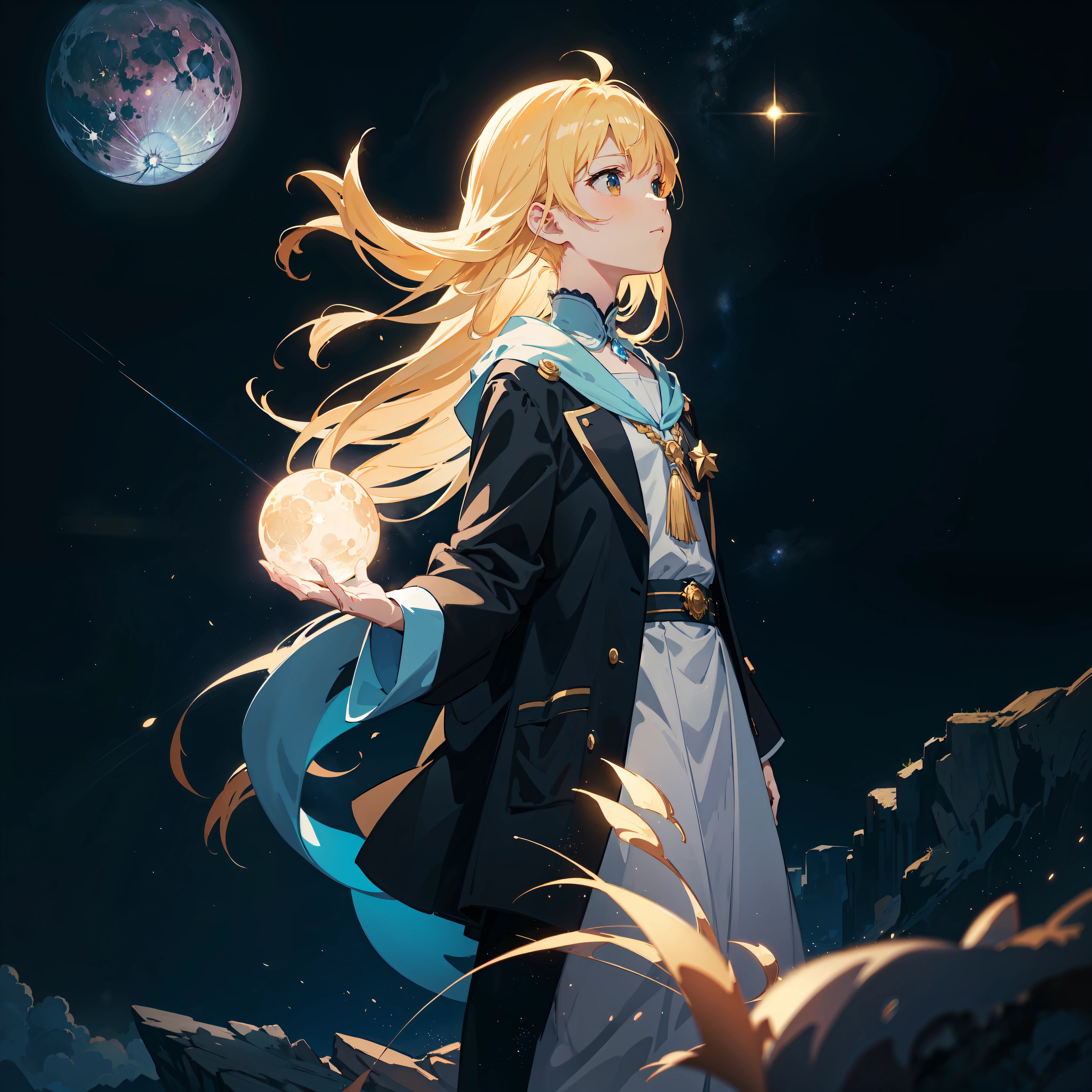 Painting of the moon in the sky with rivers and stars, in bright colors, by makoto shinkai. Concept art inspired by Mitsuoki Tosa, Pixiv contest winners, highest quality, fantasy art, beautiful anime scene, Golden Moon. bright moon, starry sky environment under the moonlight, dream picture, anime background art, fantasy landscape painting, dreamy night, anime background, background artwork, dreamy art, Atmospheric anime, starry sky, details enhanced.