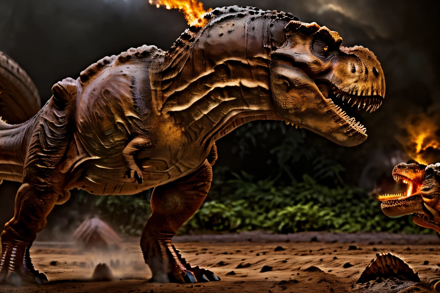 ((Yoshi T-rex breathing fire at a red shell koopa turtle)), (small T-rex fighting a red shell anthro turtle), masterpiece, best, photo realistic, hyper realistic, T-rex breathing fire, Koopa turtles, a small T-rex fighting koopa turtles in the mushroom kingdom