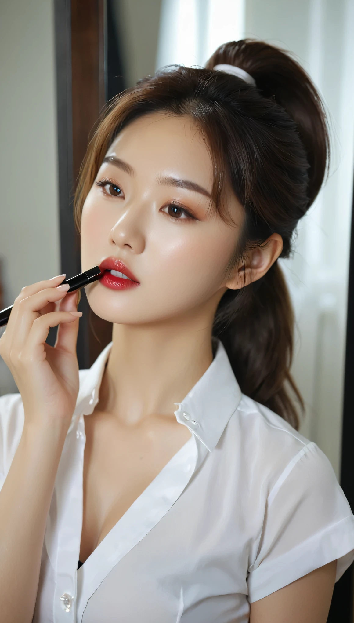 Close-up shot of beautiful korean female, 36 inch breasts size, ponytail , wearing white short sleeve shirt with bottons, black skirt, Apply lipstick in front of the mirror in the room, UHD