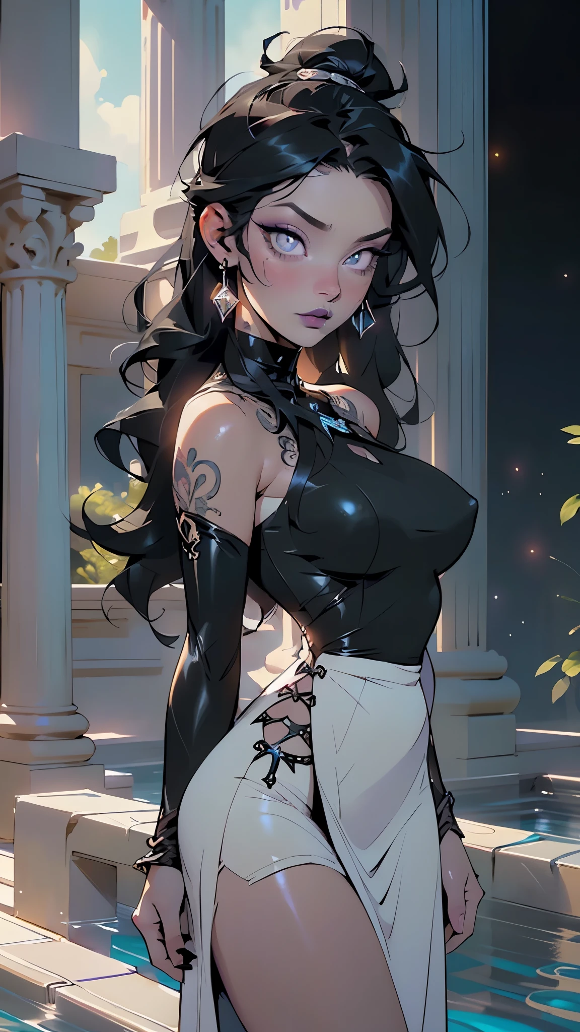 goth girl,(((1girl))),((extremely cute and beautiful black haired anime goth girl)),(((16 years old))),

(large breasts:1.2),((((black wavy hair:1.35,absurdly long unkempt hair,messy hair,colored inner hair,ear breathing)))),((heterochromia:1.5, (purple_eye and red_eye))),intricate eyes,beautiful detailed eyes,symmetrical eyes,Big eyes:1.5,((fat)),(((lustrous skin:1.5,bright skin: 1.5,skin tanned,shiny skin,very shiny skin,shiny body,plastic glitter skin,exaggerated shiny skin,illuminated skin))),(spider lower abdomen,narrow waist,wide hip,athletic body,inflated legs,thick thighs,detailed body,(detailed face)),

cute,slutty,seductive,erotic,(nsfw),

revealing clothing,show skin,(((Black Eyeshadow,Thick Black Eyeliner,Long Dramatic Eyelashes,Black Lips,Goth Accessories,intricate makeup))),((purple bioluminescent dress)),

(dynamic pose:1.0),embarrassed,(centered,scale to fit dimensions,Rule of thirds),

((starry night background), nebula, aurora),((beautiful bath house made of greek marble and pillars, beautiful clear water in pool)),scenery:1.25,((intricate scenery)),((greek temple background)),

(Glossy greek ornaments),highres,sharp focus,(ultra detailed,extremely detailed),(photorealistic artwork:1.37),(extremely detailed CG unity 8k wallpaper),(((vibrant colors,vibrant theme))),(intricate),(masterpiece),(best quality),artistic photography,(photography taken by sldr),(intricate background),perfect rendered face,perfect face details,realistic face,photo realistic,((intricate detail)),(((realism))),
