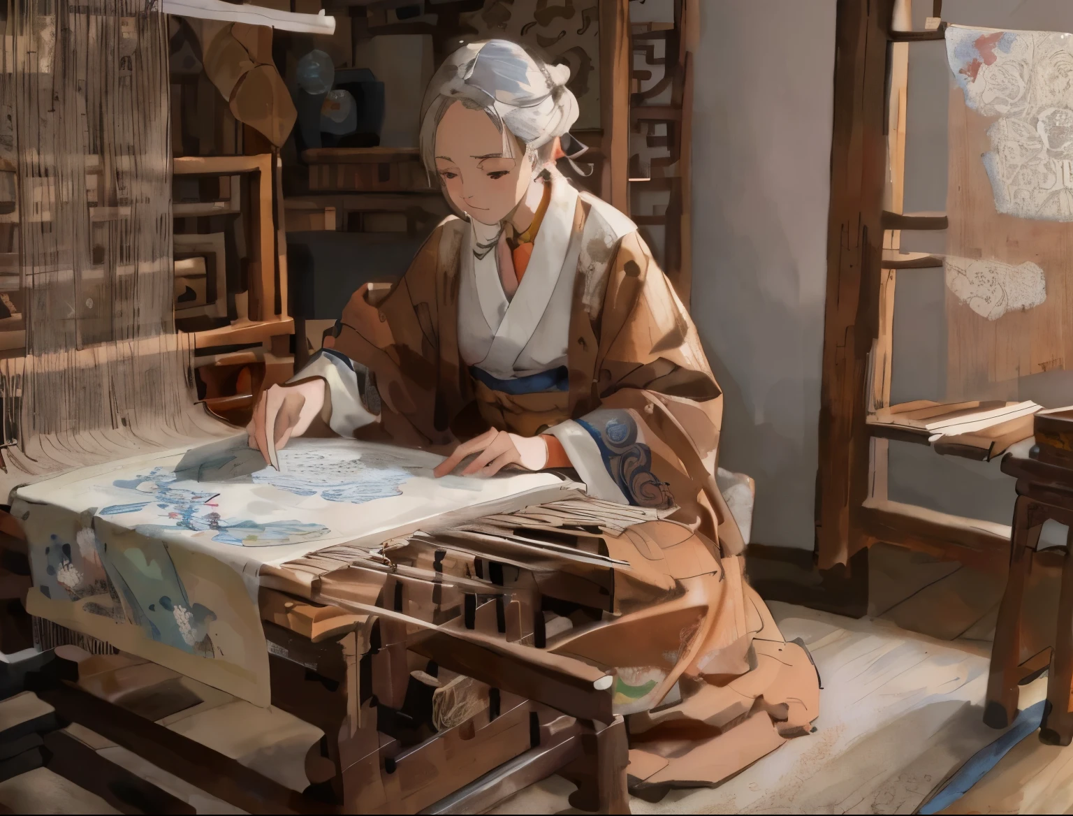 author：Randolph Caldecott, (best quality, masterpiece, representative work, illustration art, professional, Chinese painting, 8K:1.3)，An old woman，sitting at the loom, woven damask，gentle，brown cloth，indoor，wooden loom，white cloth