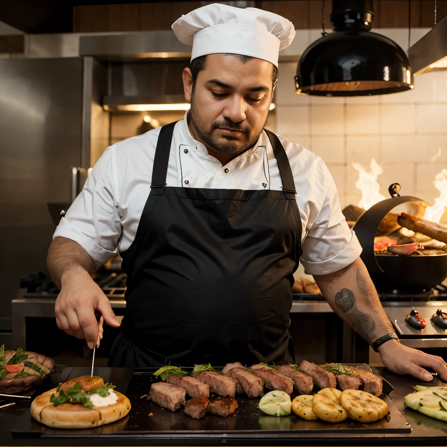 Crie uma logomarca sobre churrasco, for the Fan Page use the words Churrasqueiro Misterioso in Portuguese, include a silhouette of a Barbecue Chef in chef's clothing and with an imposing blanche touch on the head.