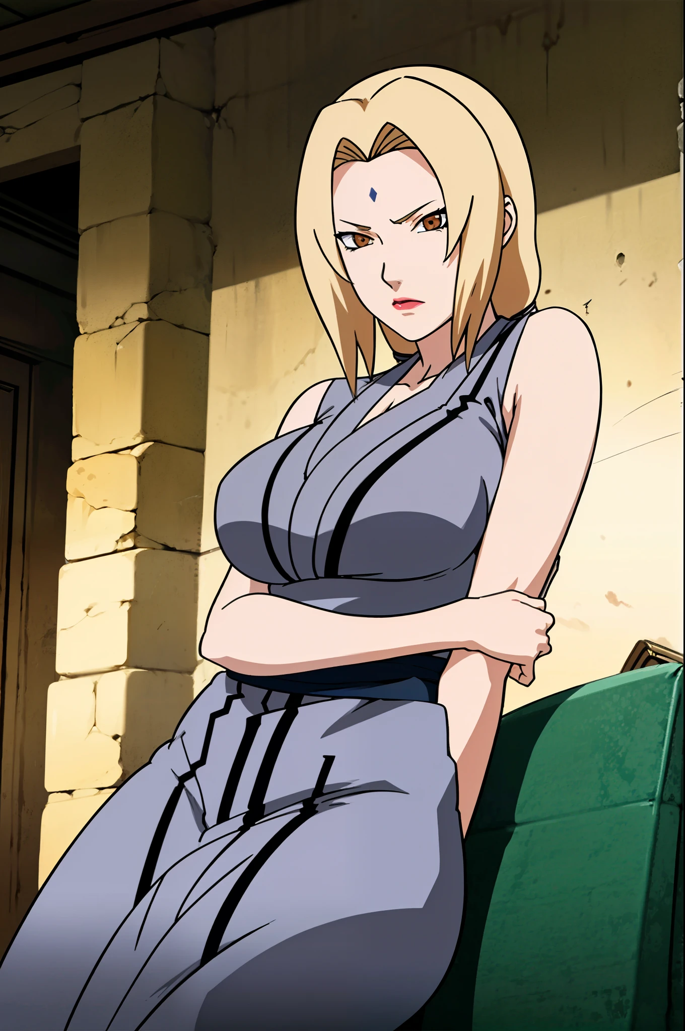 obra maestra, tsunade, pechos grandes, sin mangas, hombros descubiertos, solo, 1 chica, axilas afeitadas, absurdos, detallado, ultra high definition anime