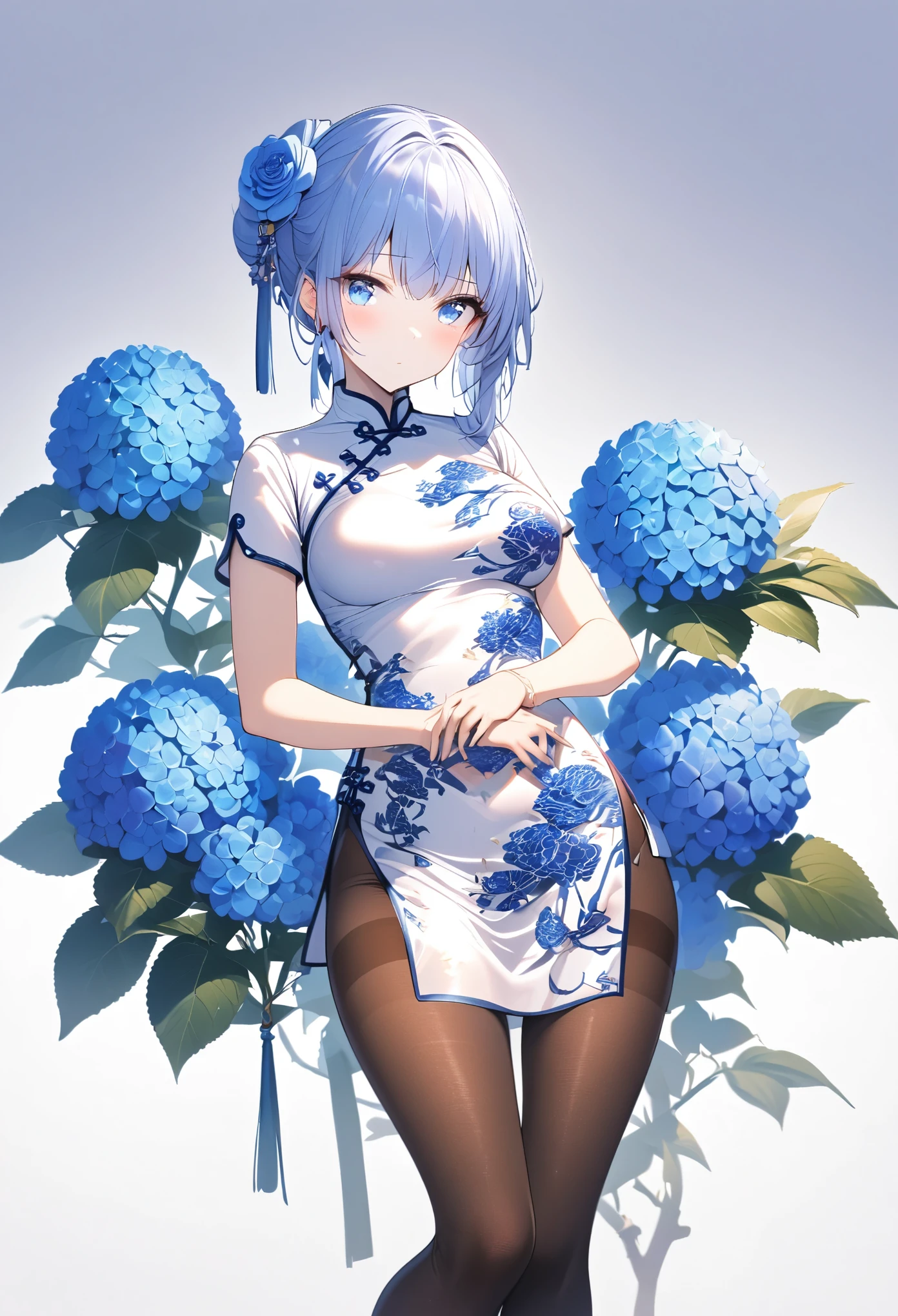 qipao,1girl,blue bow,blue eyes,blue flower,blue ribbon,blue rose,breasts,china dress,chinese clothes,dress,flower,gradient,gradient background,hydrangea,looking at viewer,medium breasts,pantyhose,rose,solo,thighband pantyhose