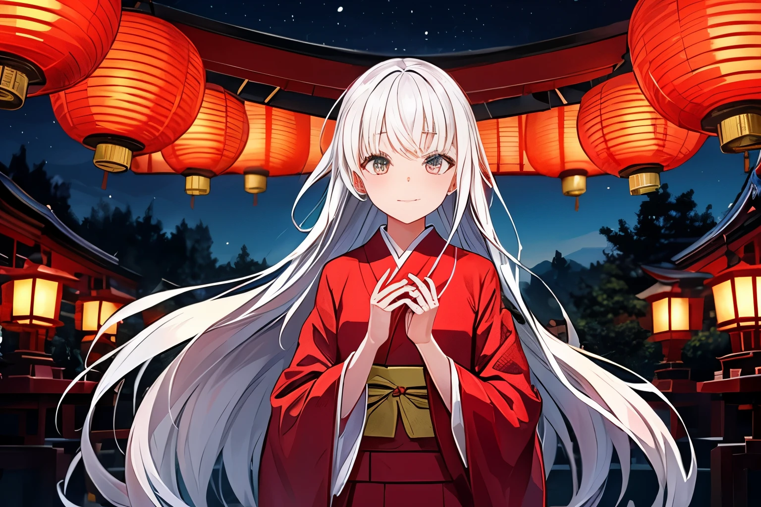 white hair girl、long white hair、Wearing a loose-fitting red kimono、red obi、front、Horizontal position、Precincts of a shrine in the forest、It's night but the sky is red、Many red lanterns
