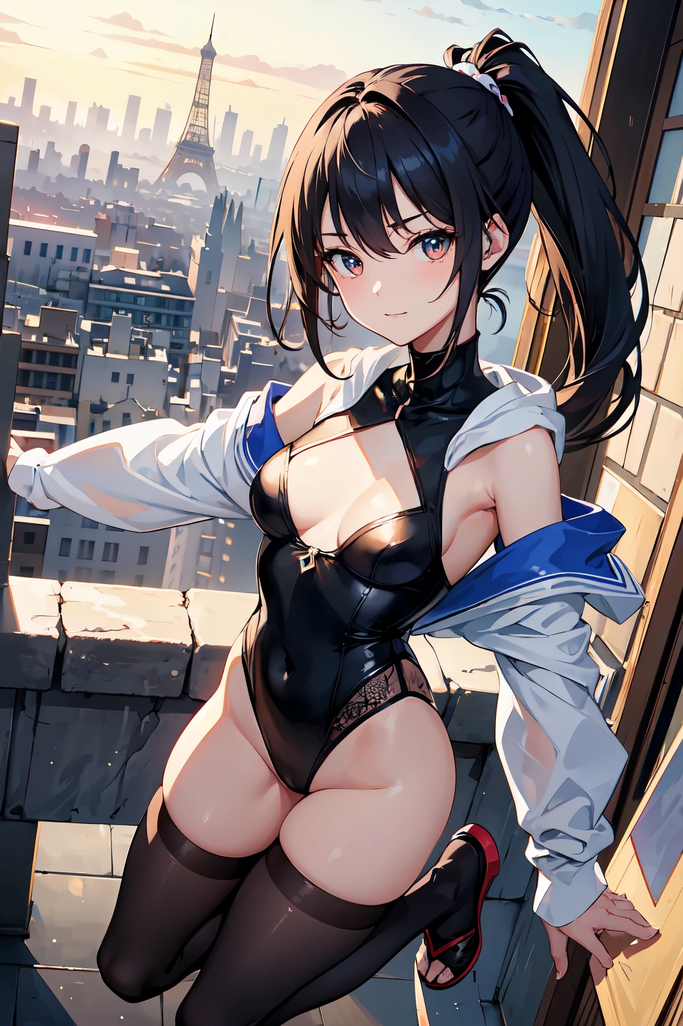 Captivating scenes featuring beautiful anime-style girls with distinctive features, Set against the backdrop of the wonderland of the Eiffel Tower in France. Girls put their black hair in a ponytail, single eyelid, and with hood, humid, deep set, Striking dark orange captivating eyes. Her expression turns into a gentle smile. age is . Your legs are very thin. thin thighs. hips are small. she、She wears a Japanese swimsuit decorated with intricate casual designs。. The background depicts a French street on the rooftop.. The captured action is、It looks as if she is playfully jumping with parkour action skills。, A sense of running or jumping in the scene、Add acrobatics. The combination of these elements、It should produce a super special quality image that looks like a masterpiece.. ((very small breasts. ))