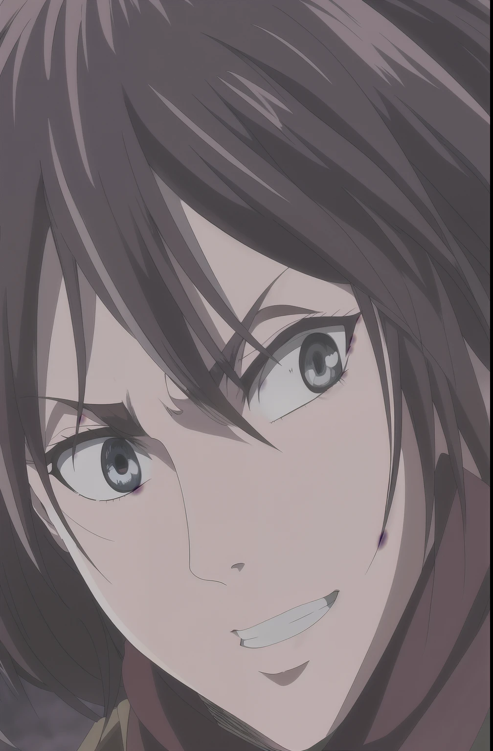 Anime picture of a woman with long hair and a scarf, Eren Yeager, Eren Jaeger, Mikasa Ackerman, The perfect anime face, Evil smile, Highly detailed angry anime face, In Attack on Titan, Little happy facial expression, Good-looking tough face, portrait of Eren Yeager, Very expressive face